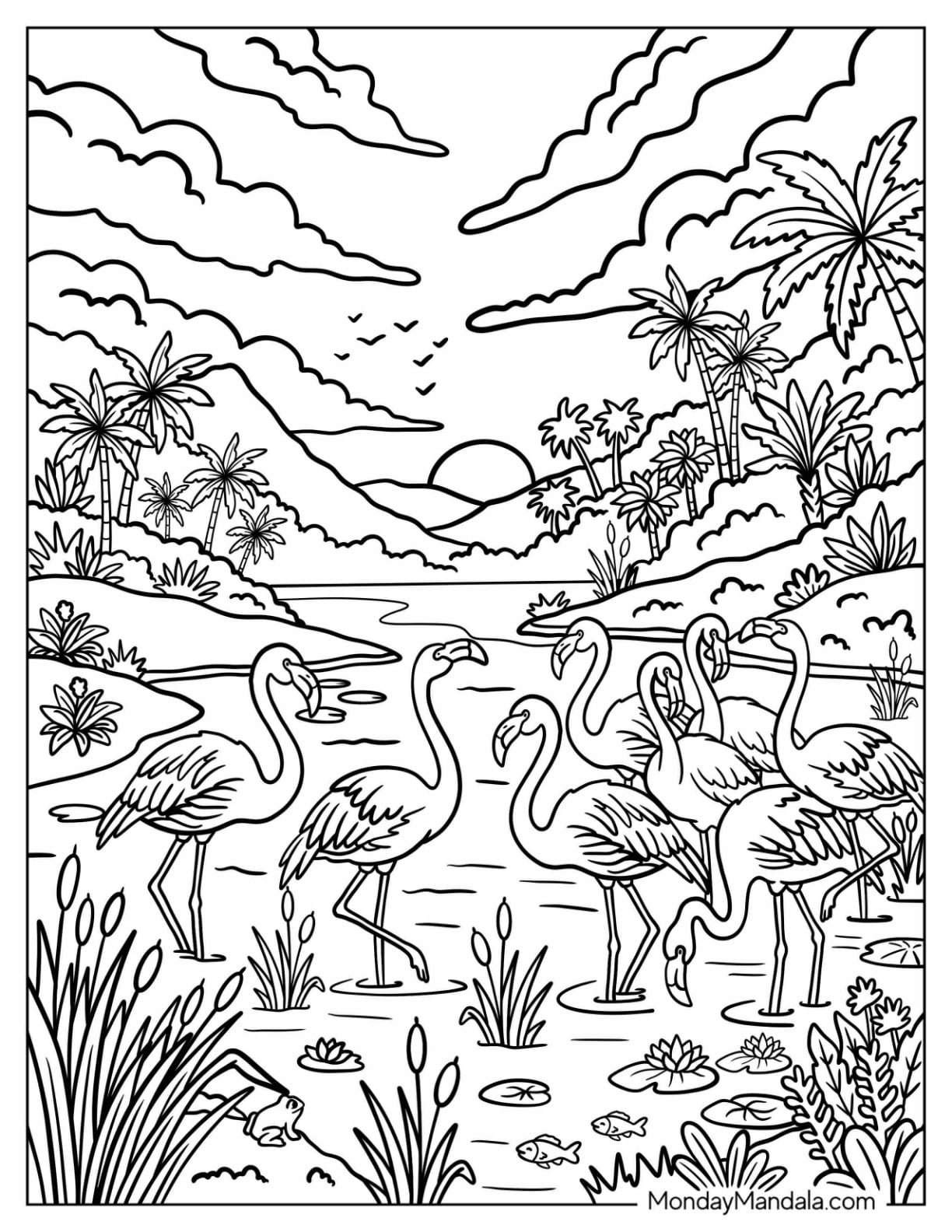 Flock of Flamingos Wading in a Tropical Lagoon at Sunset