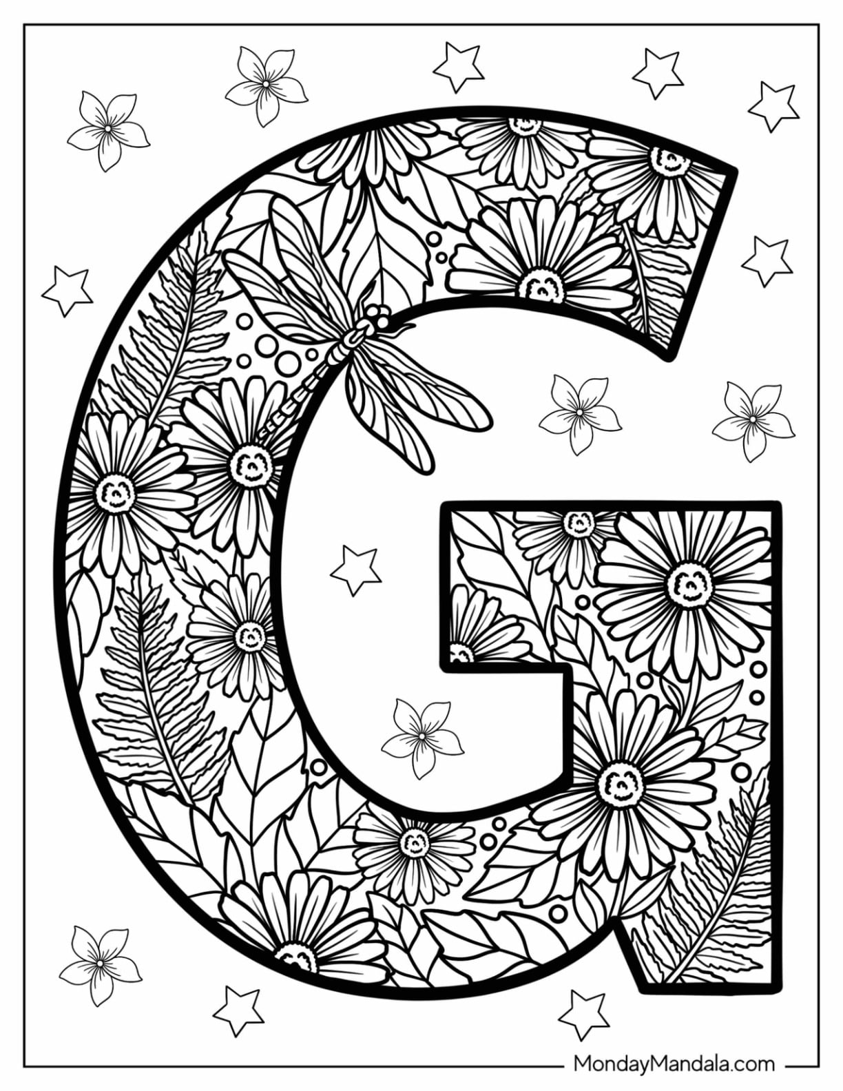 Floral Big Letter G Coloring Page with Dragonfly and Stars