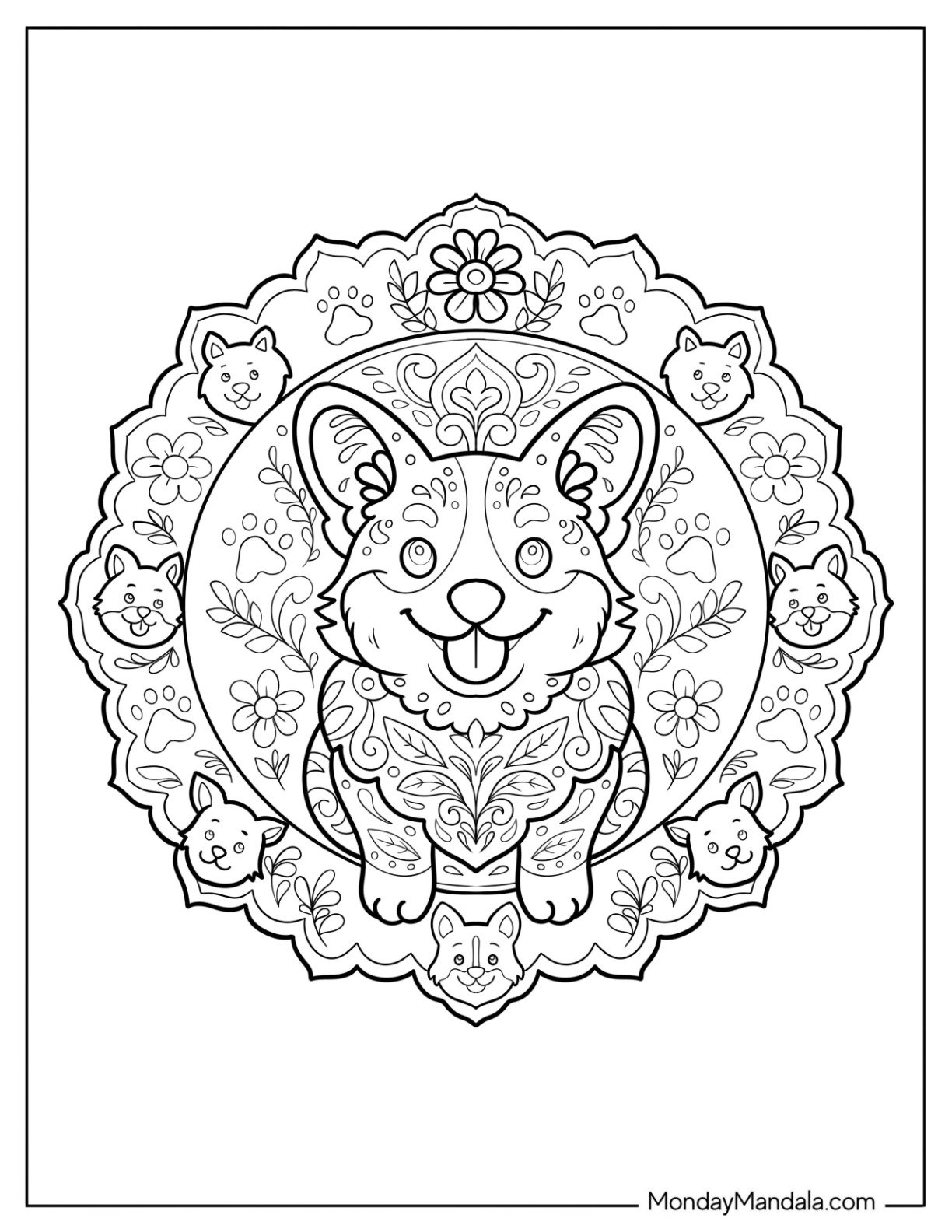 Floral Corgi Coloring Page Mandala for Kids