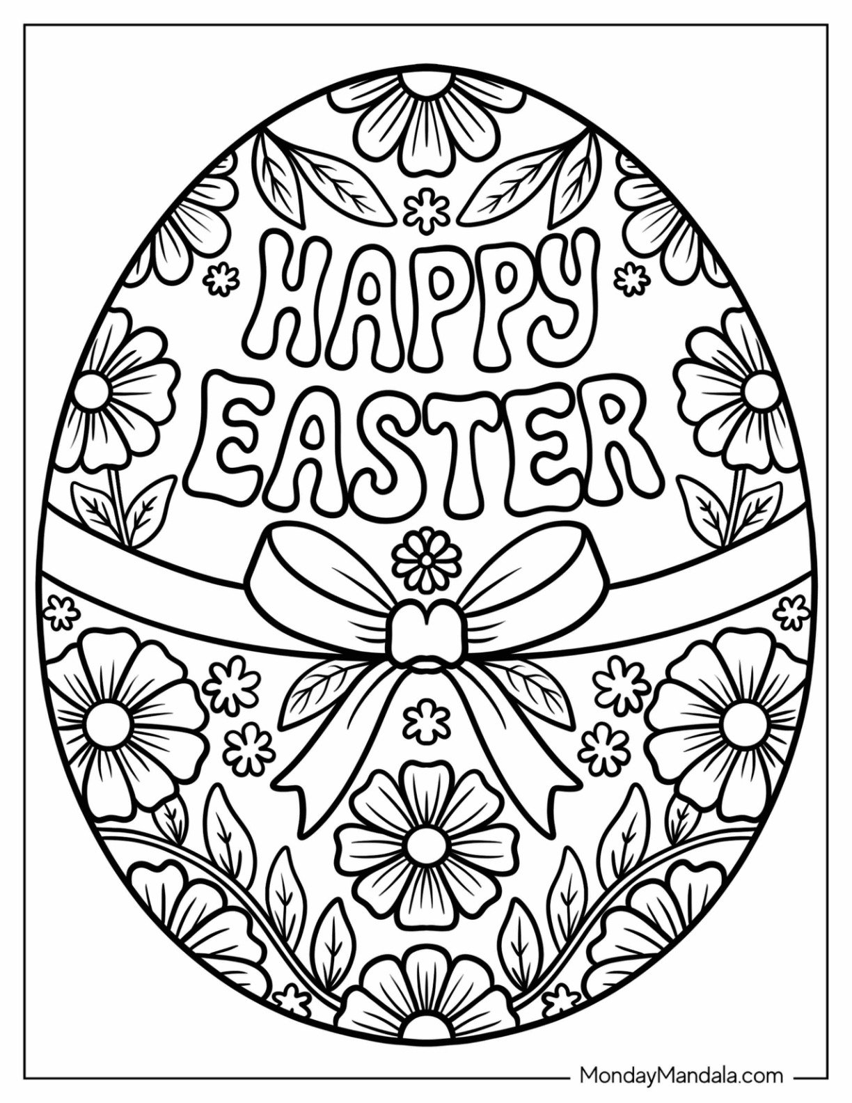 Floral Easter Coloring Page of Egg with a Bow