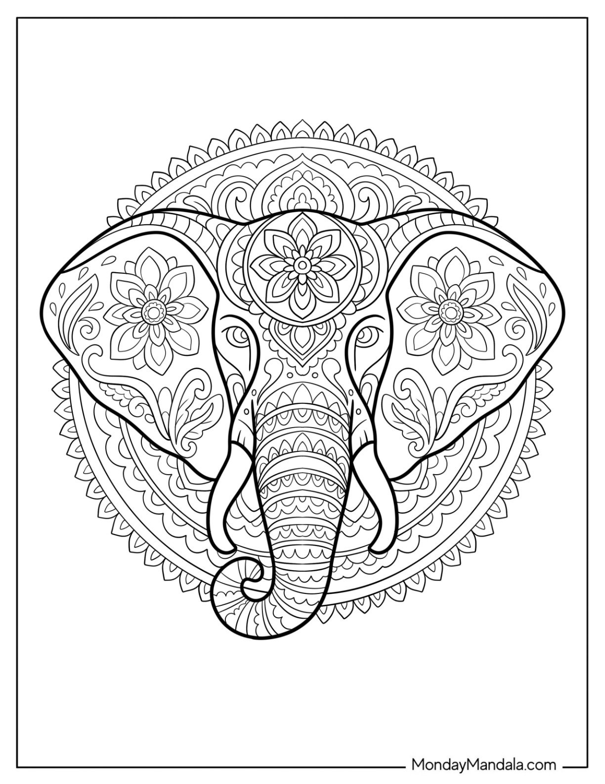 Floral Elephant Coloring Page Head with Mandala Design