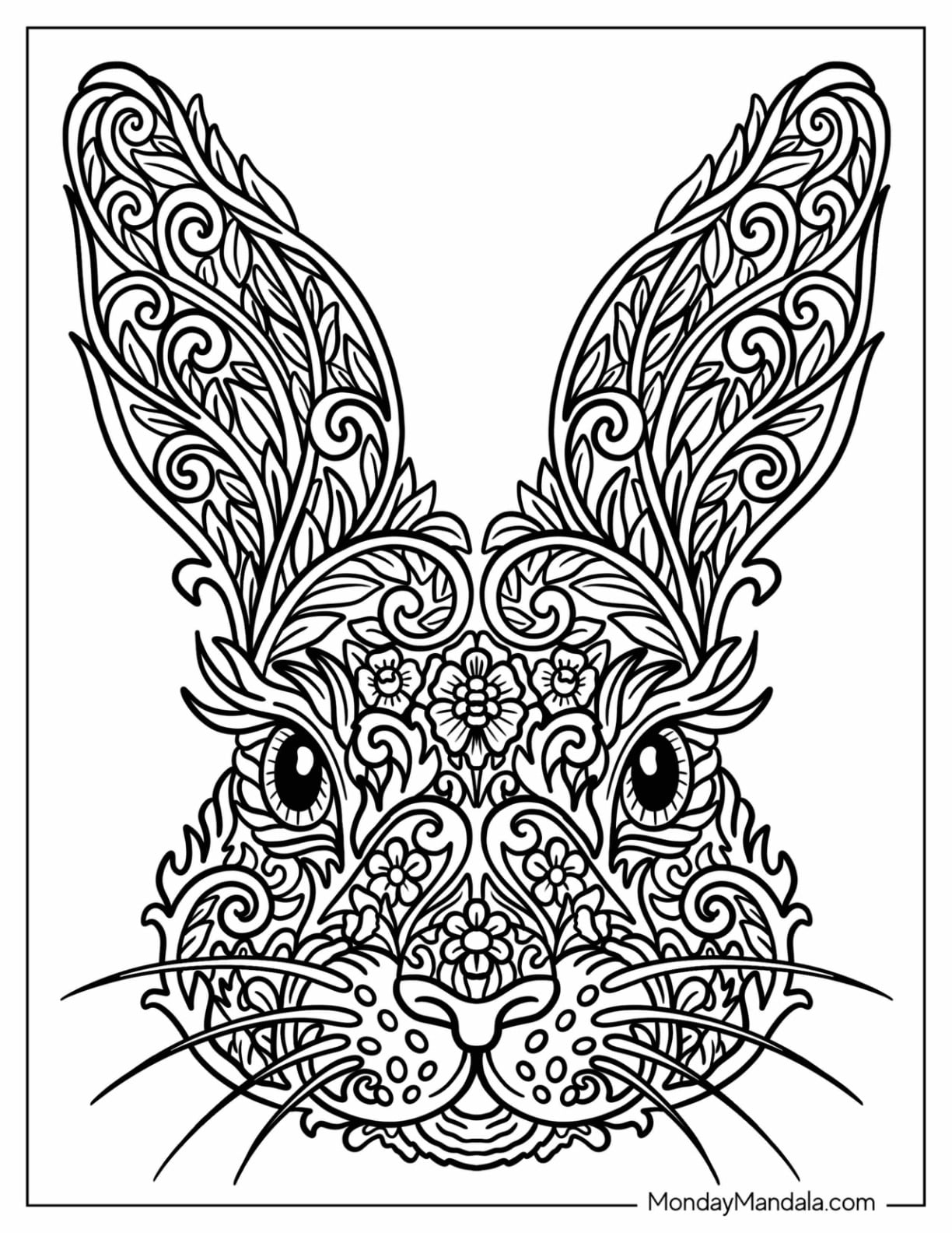 Easter Mandala Coloring Page of Floral Filigree Easter Bunny Face