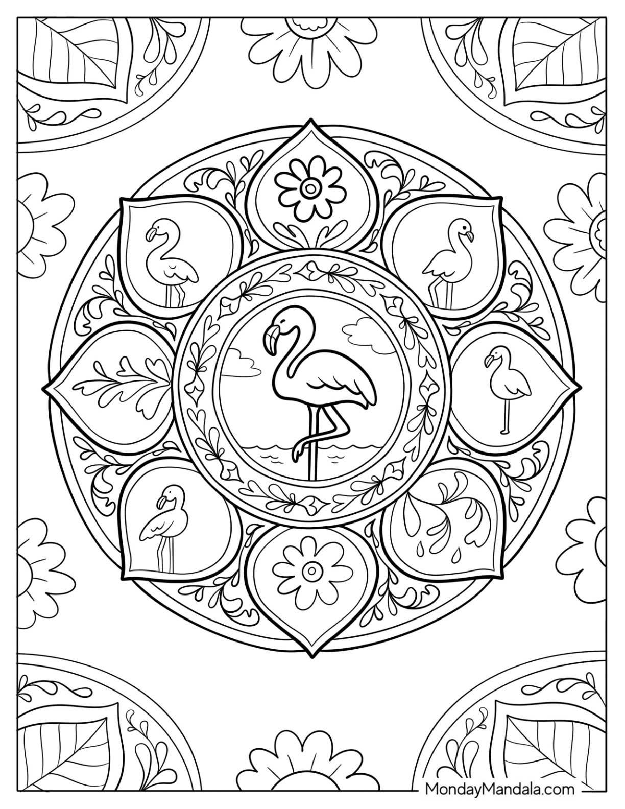 Floral Flamingo Mandala Coloring Page For Adults