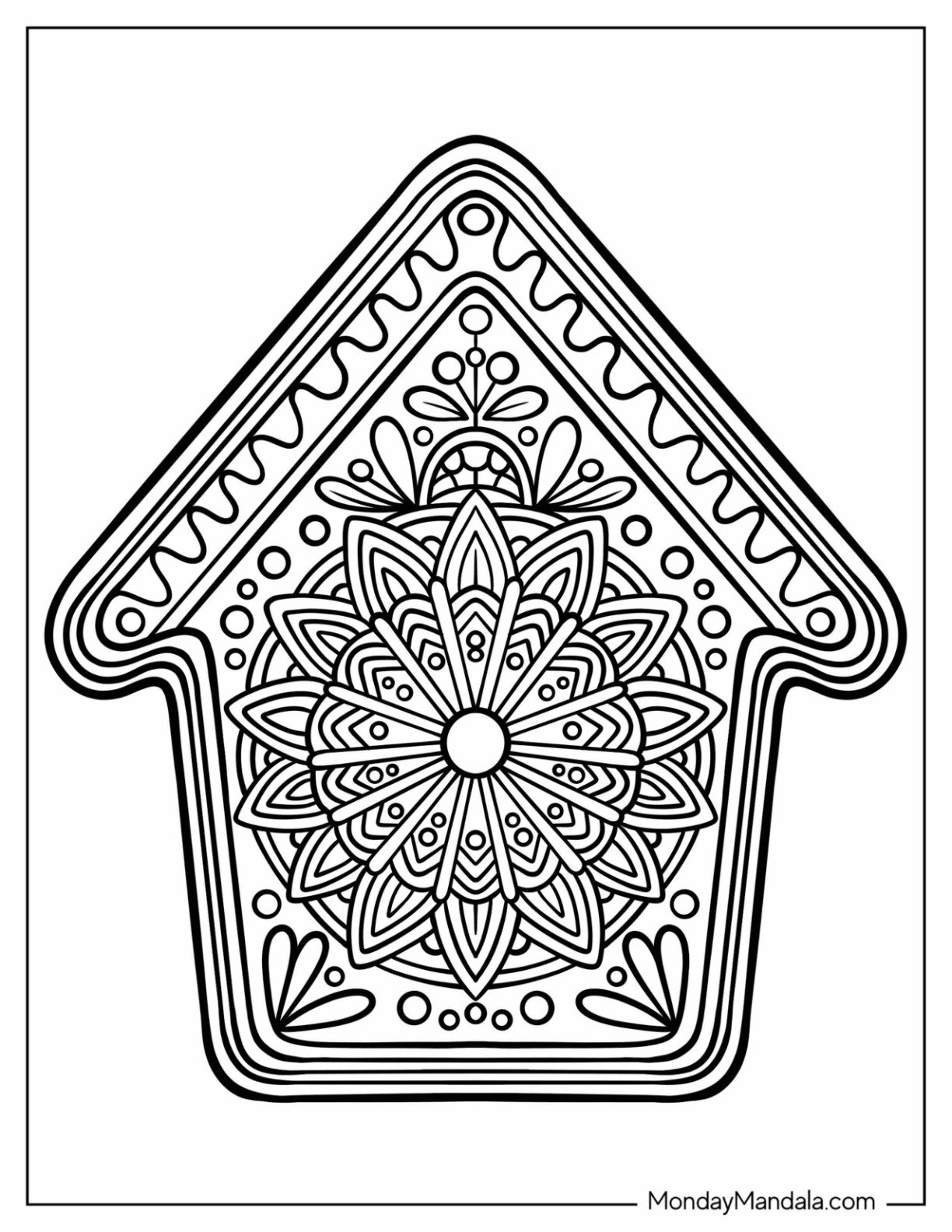 Floral Gingerbread House Christmas Mandala Coloring Page for Kids
