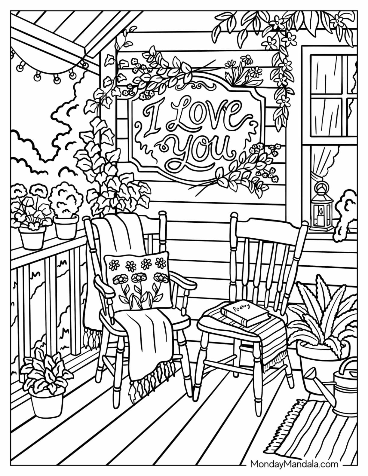 Floral I Love You with Cozy Chairs on Front Porch Coloring Sheet