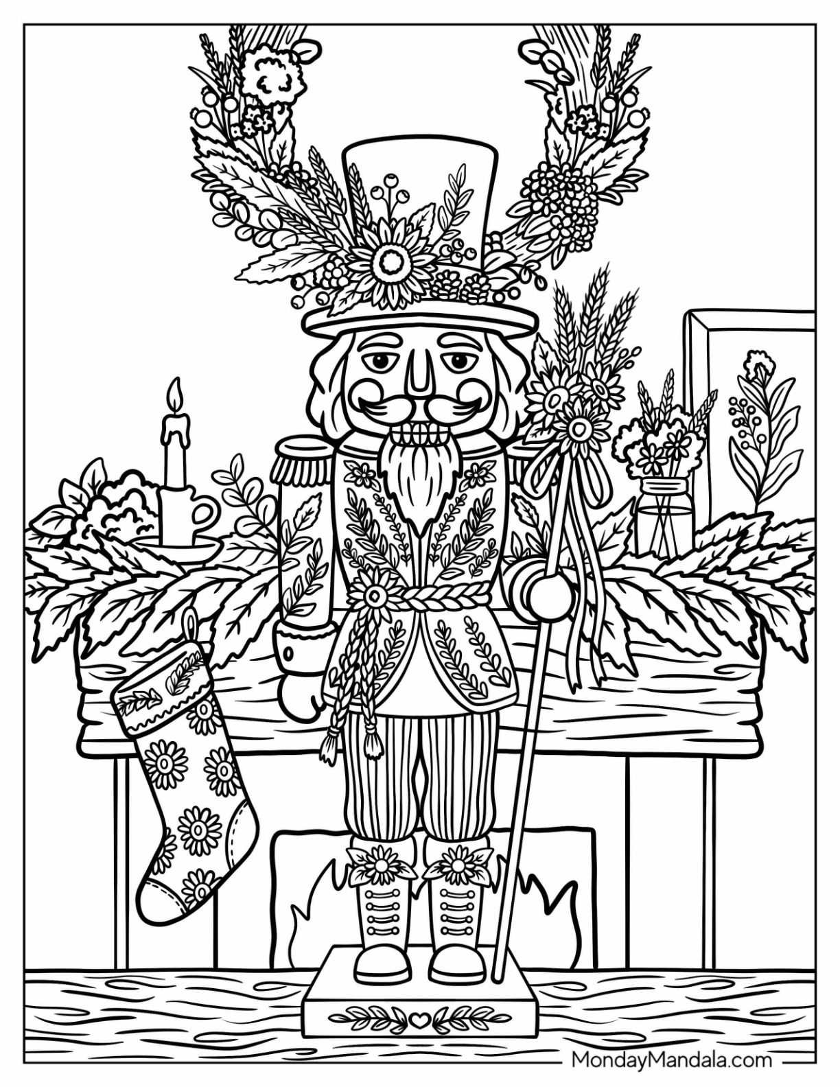 Floral Nutcracker Holding a Staff by a Christmas Mantel Coloring Page