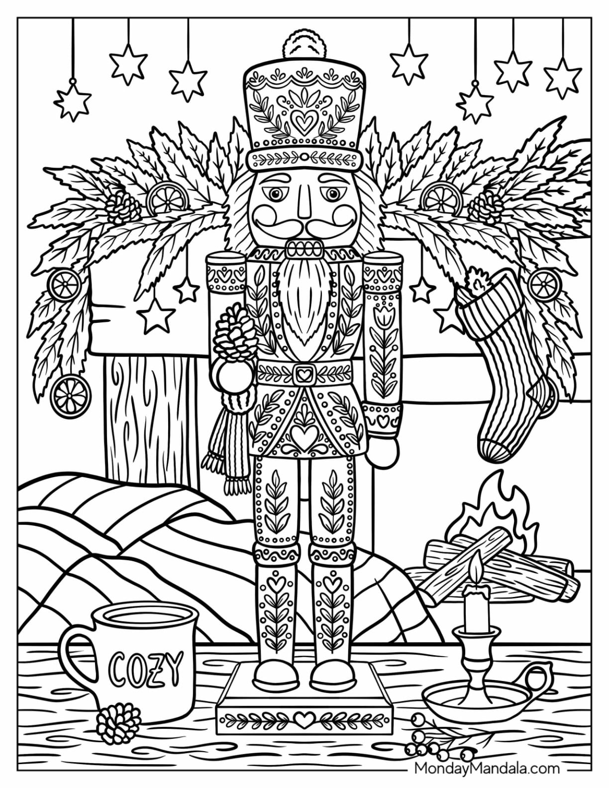 Floral Nutcracker Soldier by a Cozy Christmas Fireplace Coloring Page