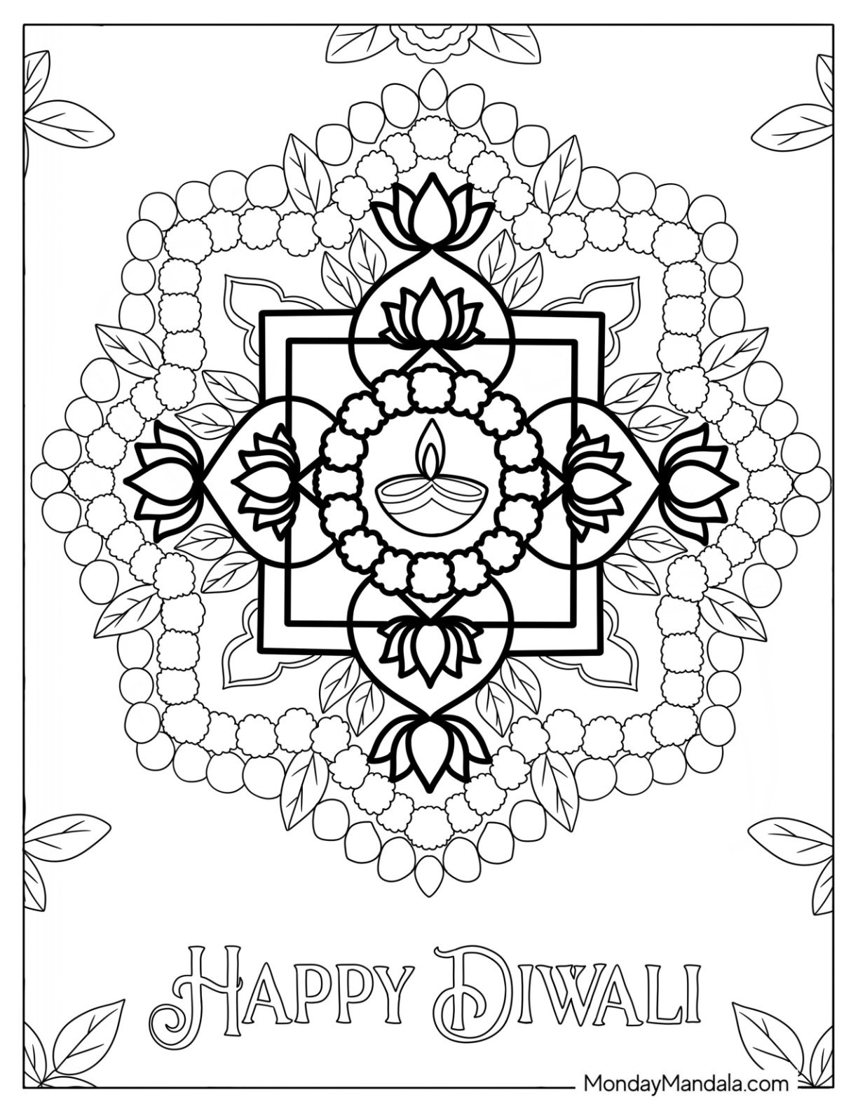 Floral Rangoli with Marigold Petals, Rose Leaves, and Diya for Diwali Coloring Page