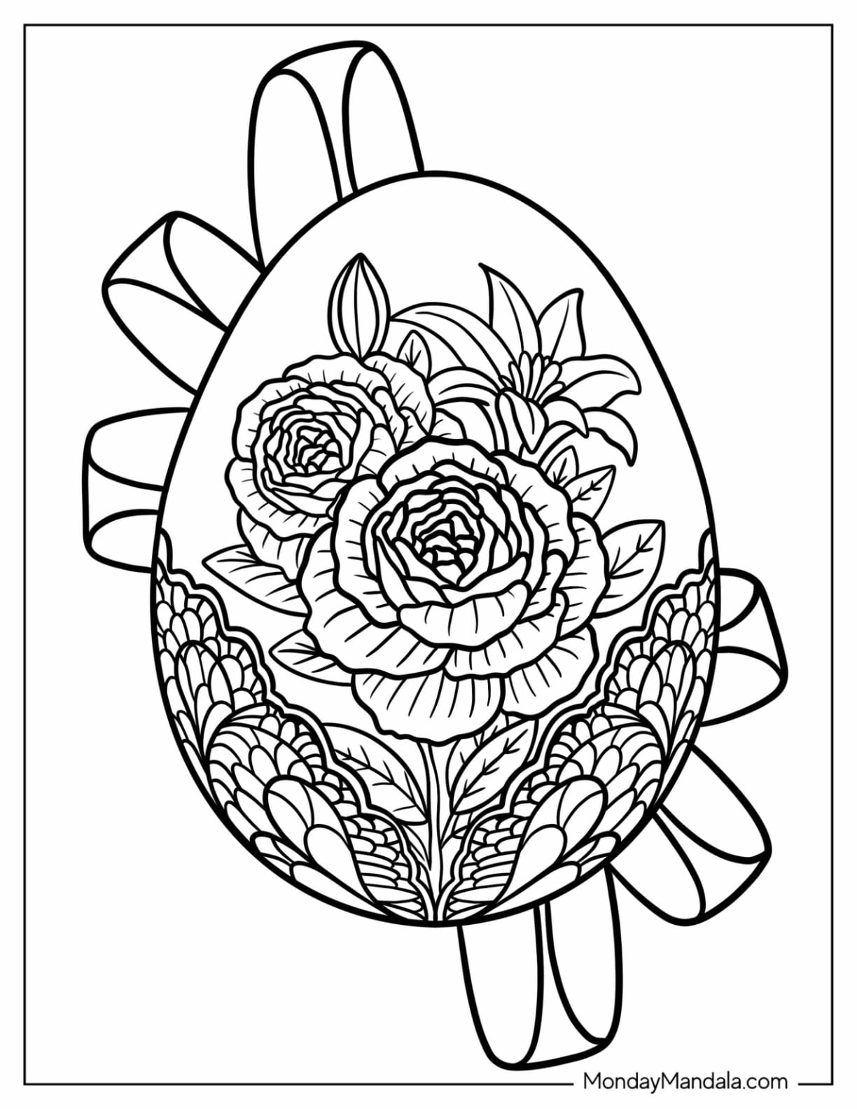 Easter Mandala Coloring Page of Floral Rose Egg with Ribbon