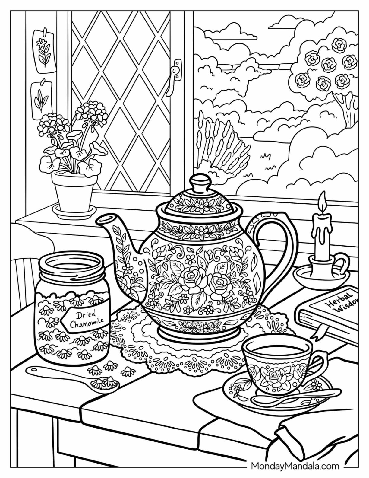 Floral Tea Set in Front of an Open Window Coloring Page for Adults