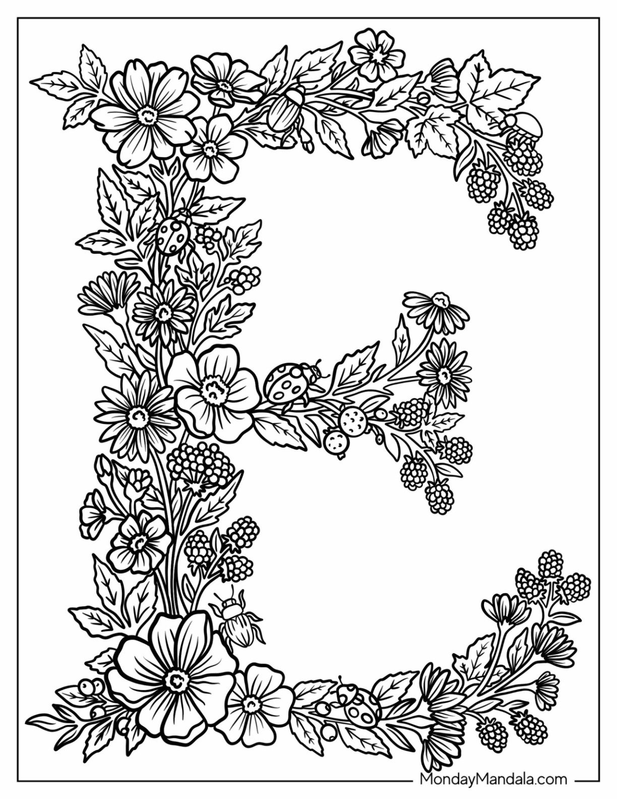 Floral Uppercase Letter E Coloring Page