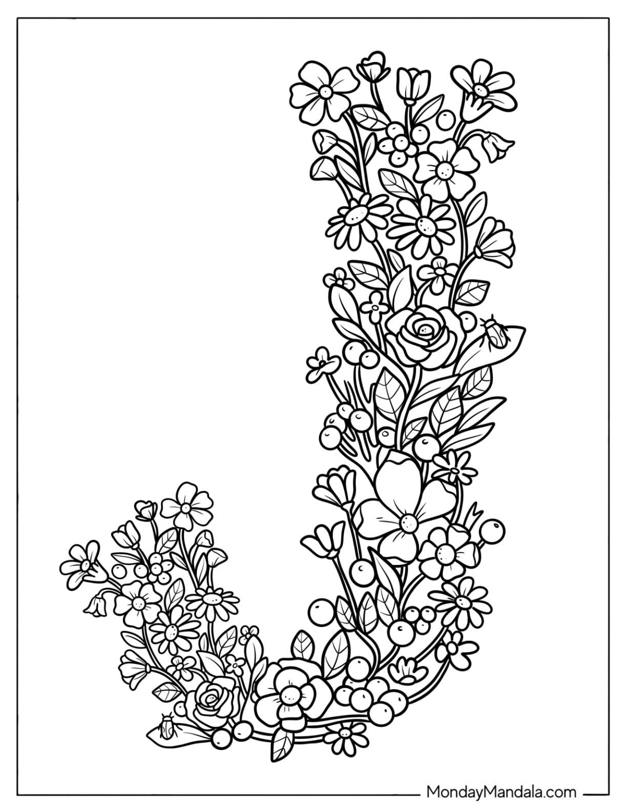 Floral Uppercase Letter J Coloring Page