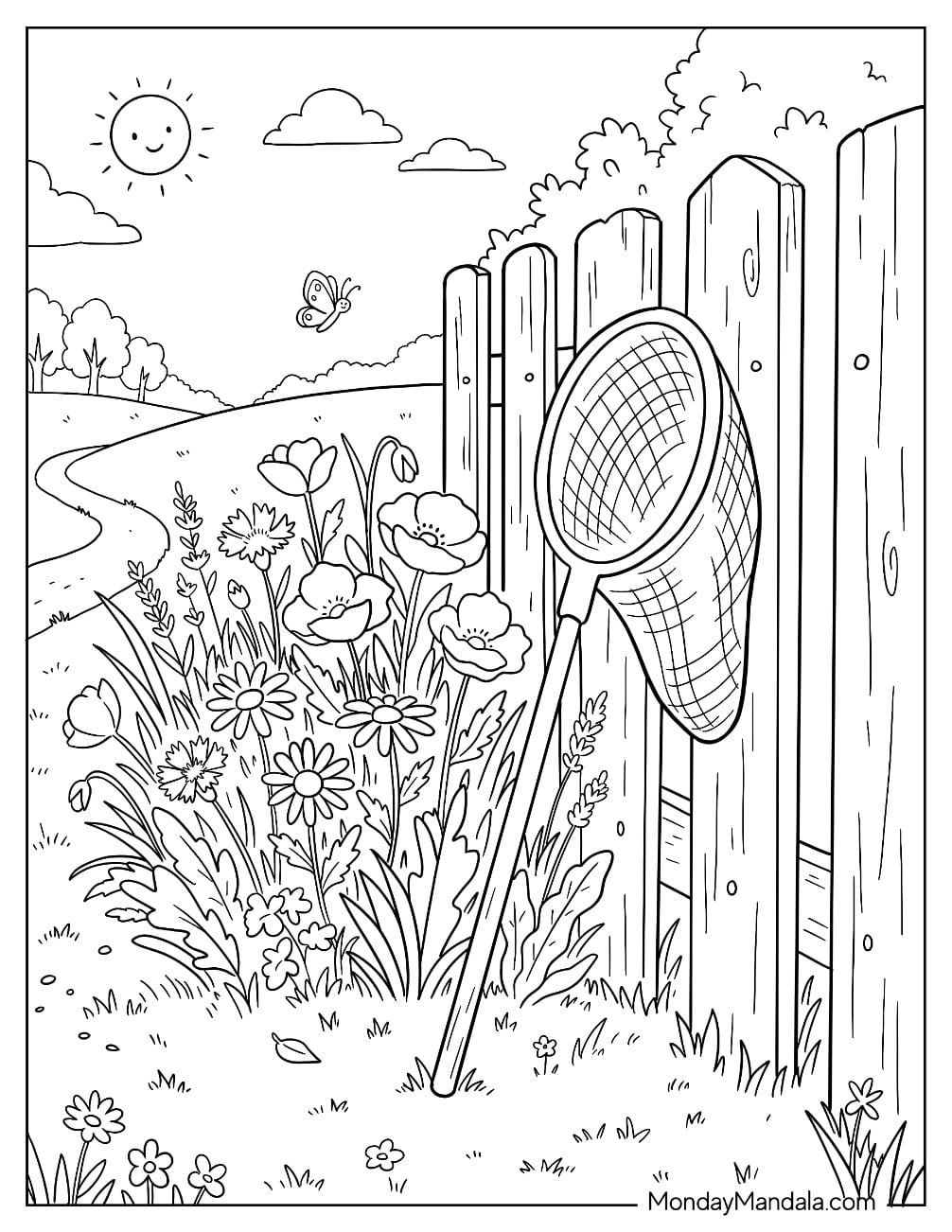 Flower Bed with a Net Against a Wooden Fence in a Garden Coloring Page