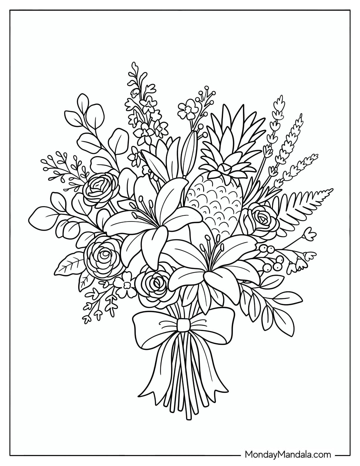 Flower Bouquet with a Bow and Pineapple Coloring Sheet