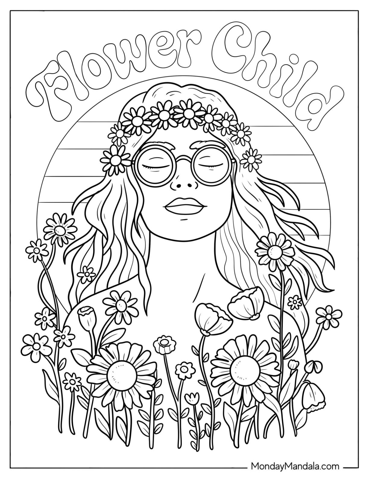 Flower Child Text with Hippie Girl in Sunglasses Coloring Page
