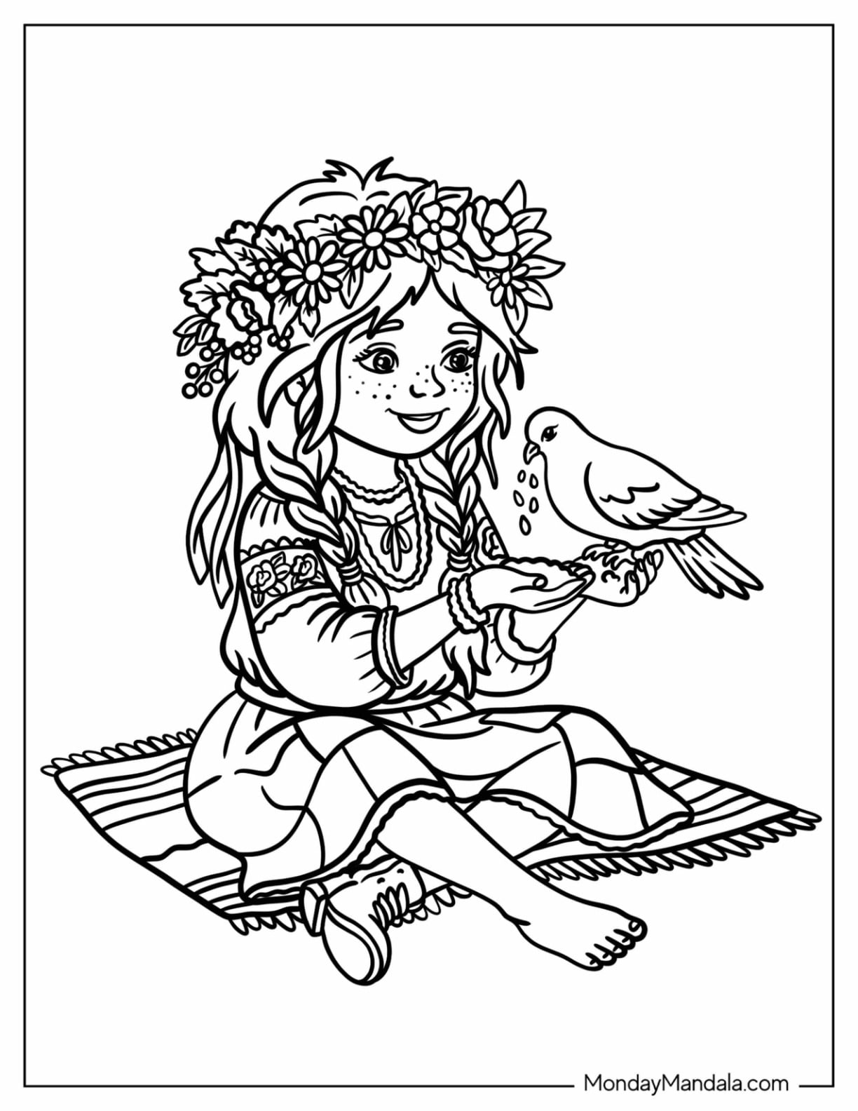Flower Crowned Girl Feeding a Dove on a Picnic Blanket Coloring Page for Kids