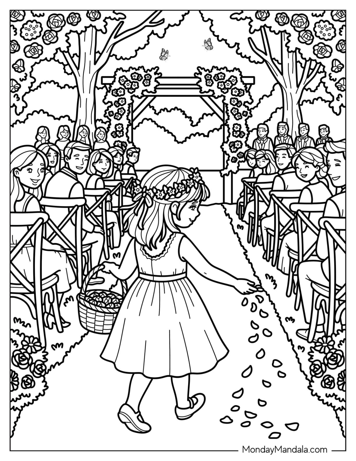 Flower Girl in a Cute Dress Scattering Petals in the Aisle Coloring Page