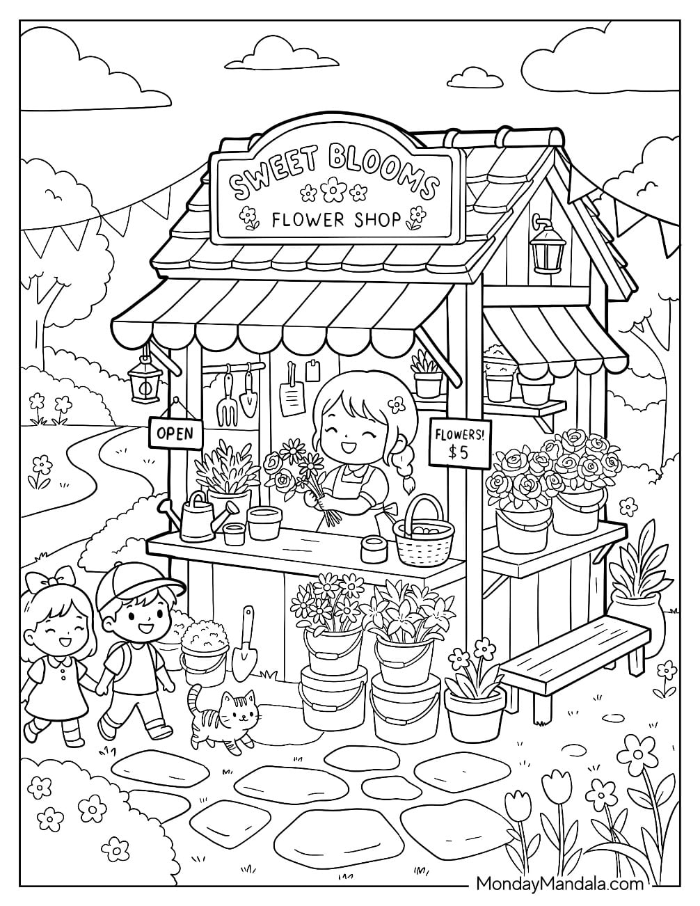 Flower Shop with Potted Plants, Children, and a Flower Stand Coloring Sheet