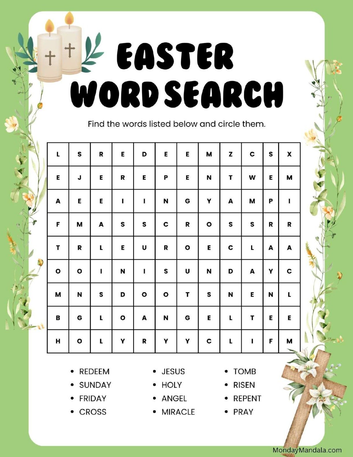 Flowers And Cross Easter Word Search