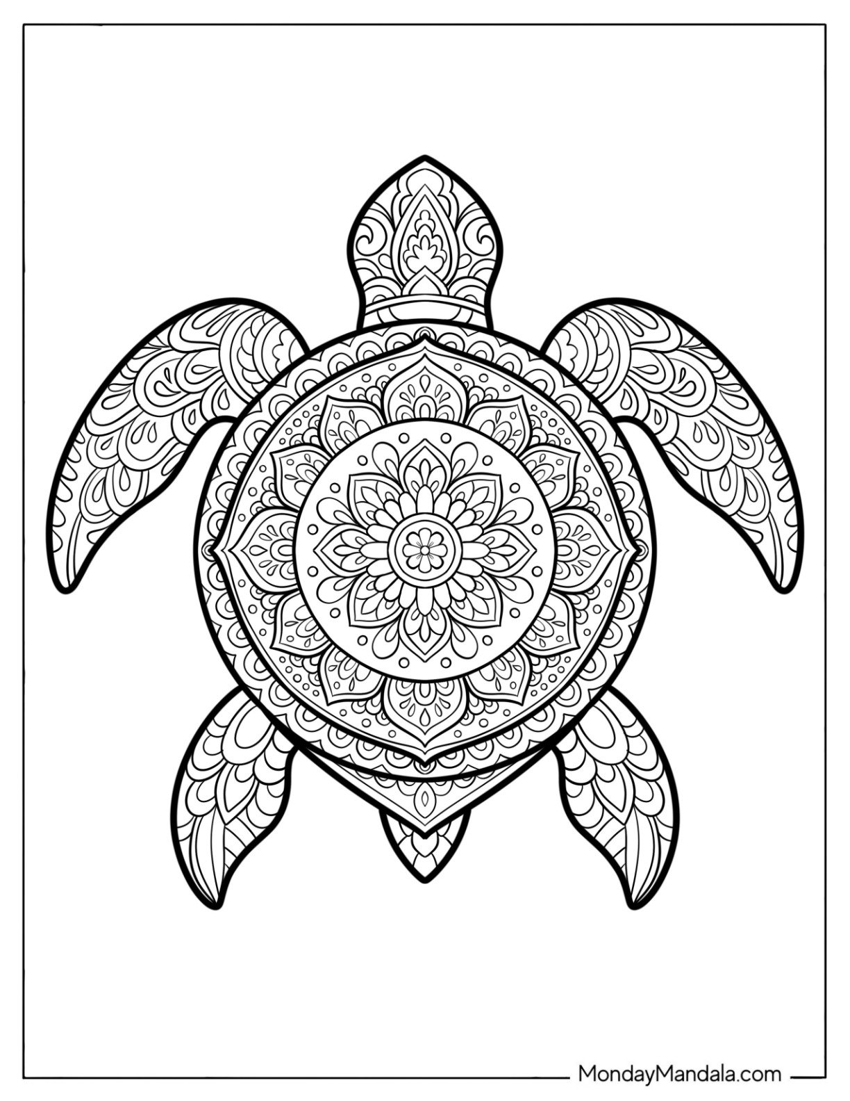 Flowery Turtle Coloring Page Mandala