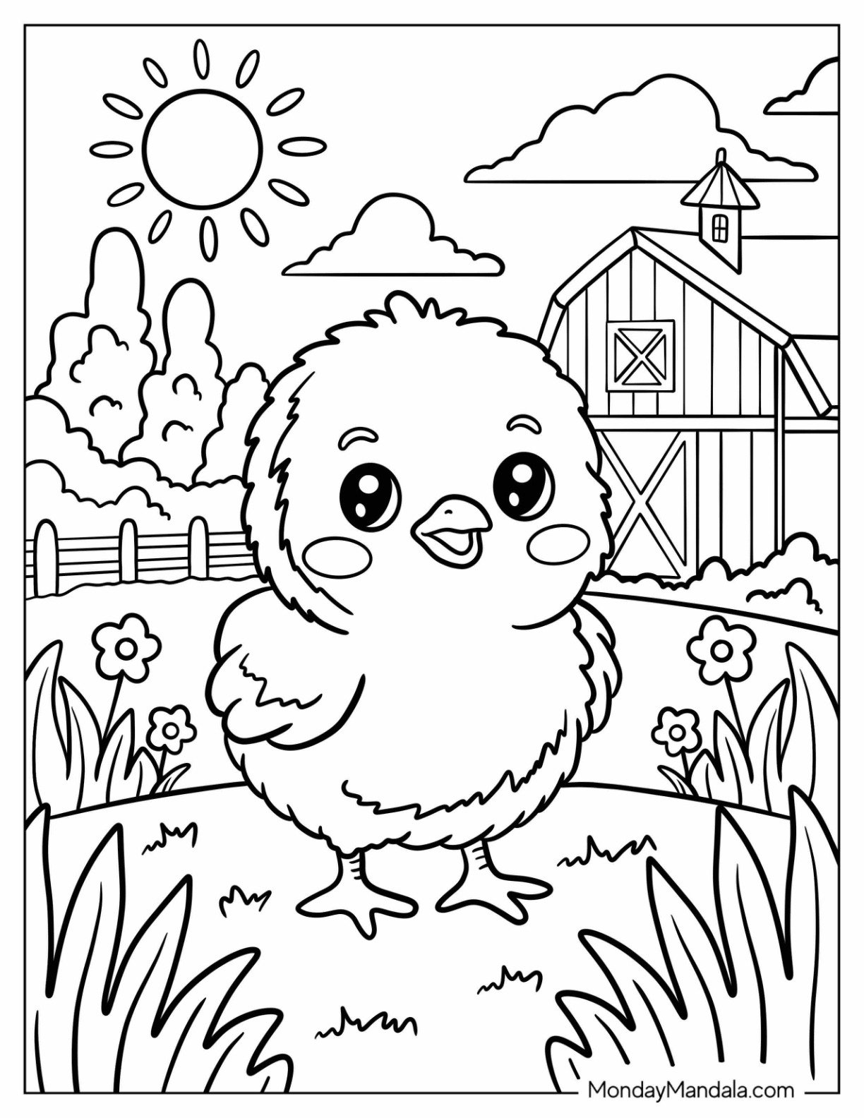 Farm Animal Coloring Page of Fluffy Baby Chick Standing in Barnyard Field for Kids