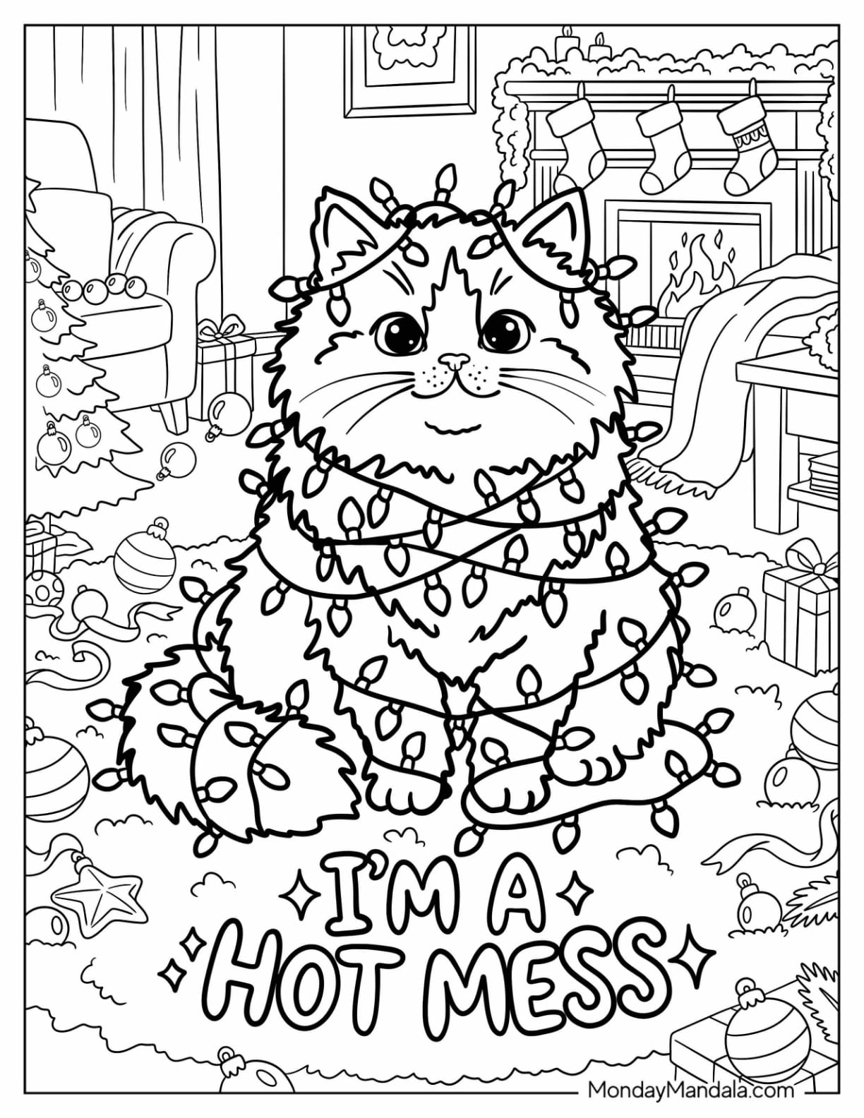 Fluffy Cat Wrapped in Christmas Lights Coloring Page for Adults