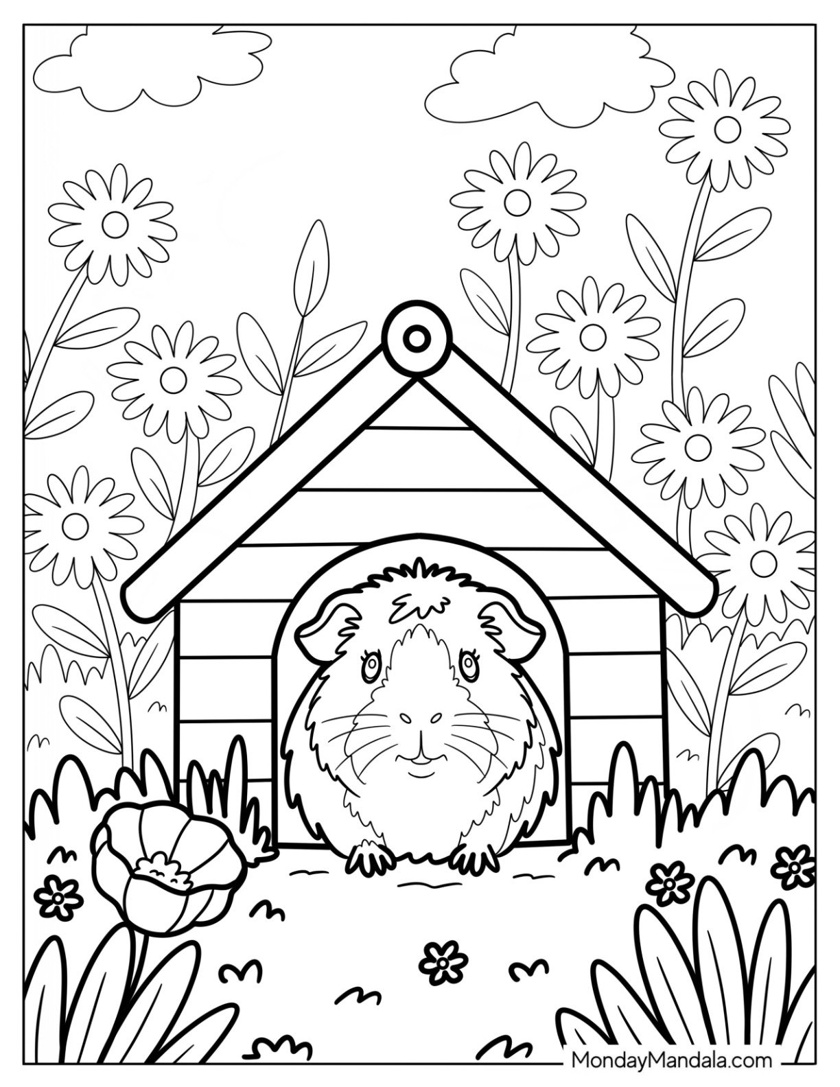 Fluffy Guinea Pig Coloring Page in a Wooden House with Blossoms