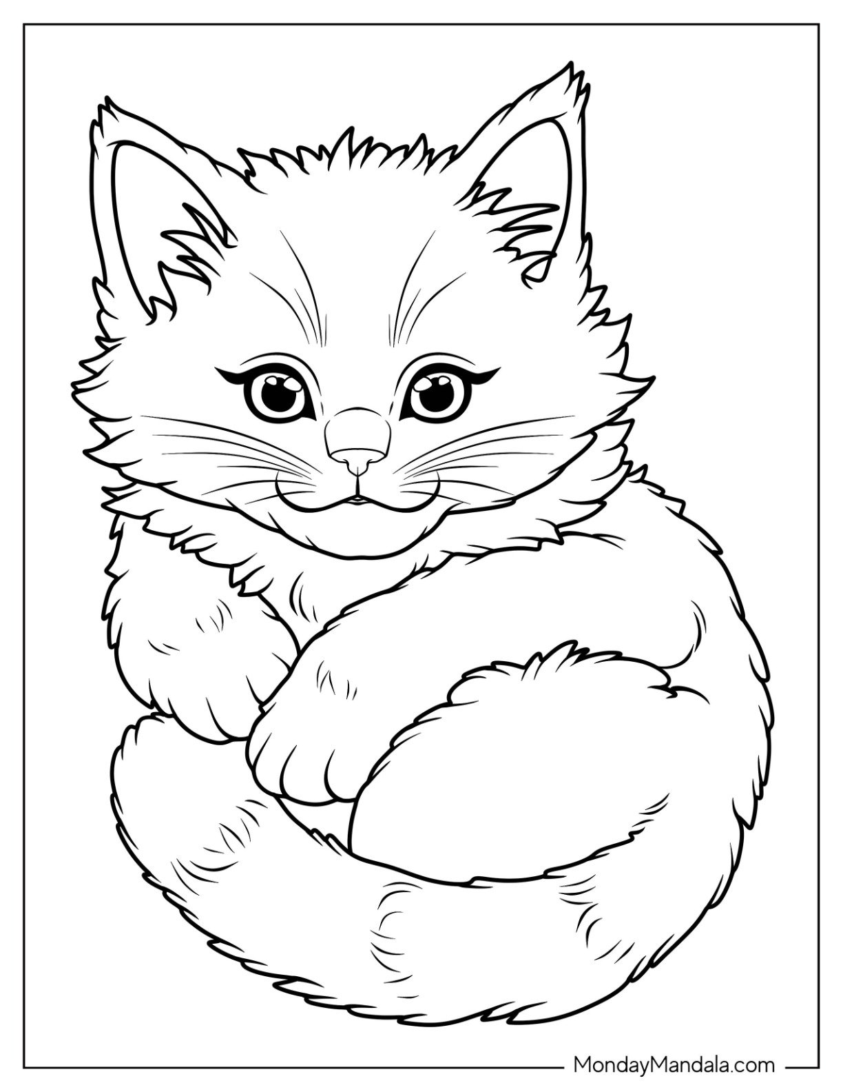 Fluffy Kitten Coloring Page Curled Up for Kids