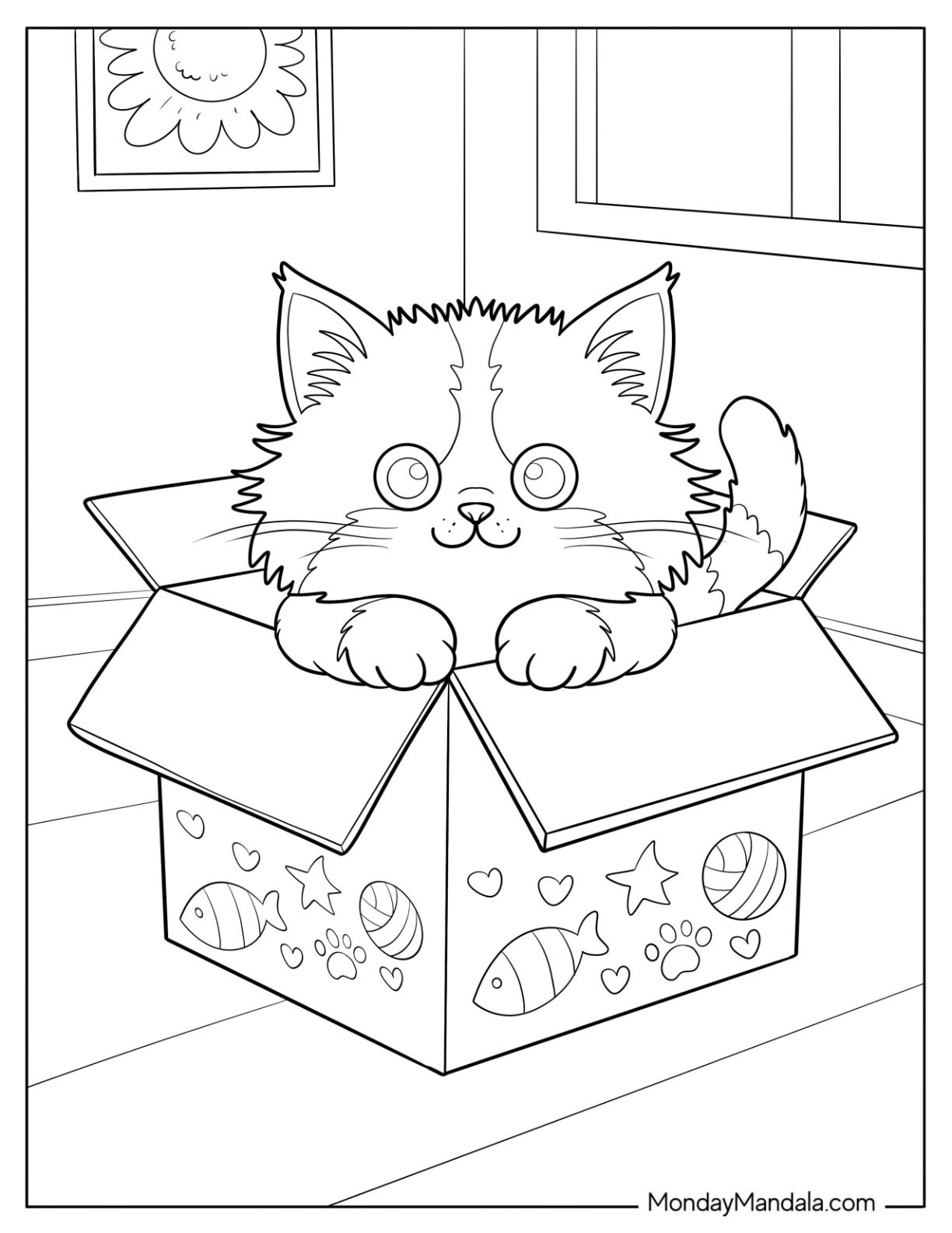 Fluffy Cat Coloring Page Peeking Out of a Decorated Box for Kids