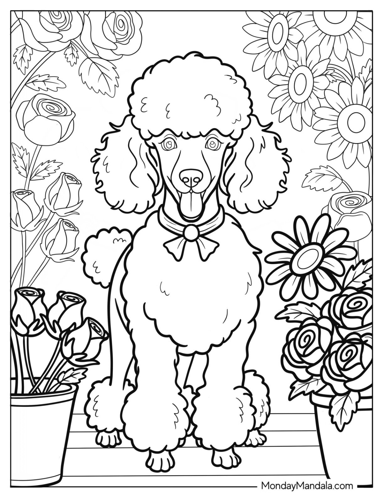 Fluffy Poodle Coloring Page Surrounded by Garden Flowers on Porch Steps