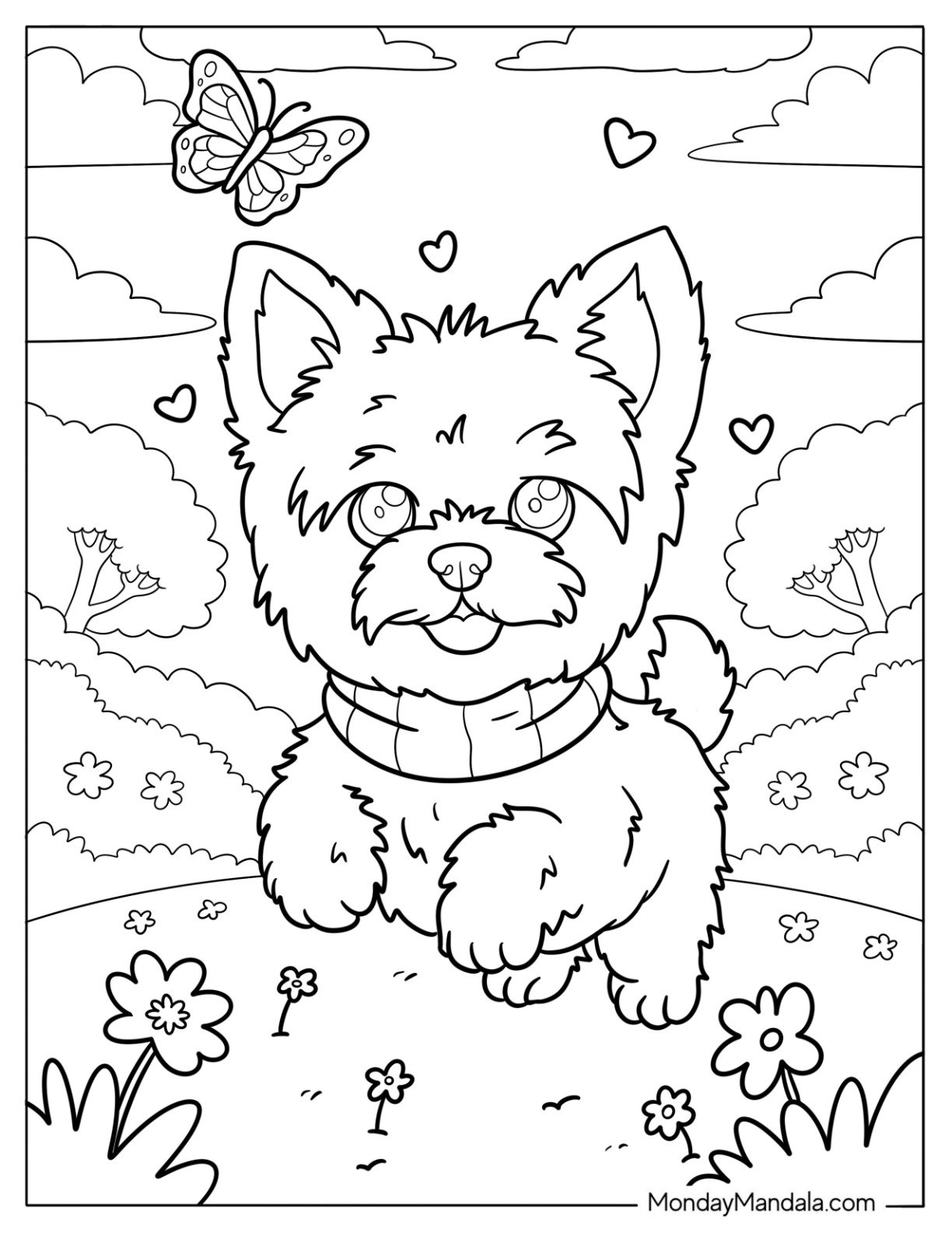 Fluffy Yorkie Coloring Page of Puppy Chasing Butterfly in Garden for Kids