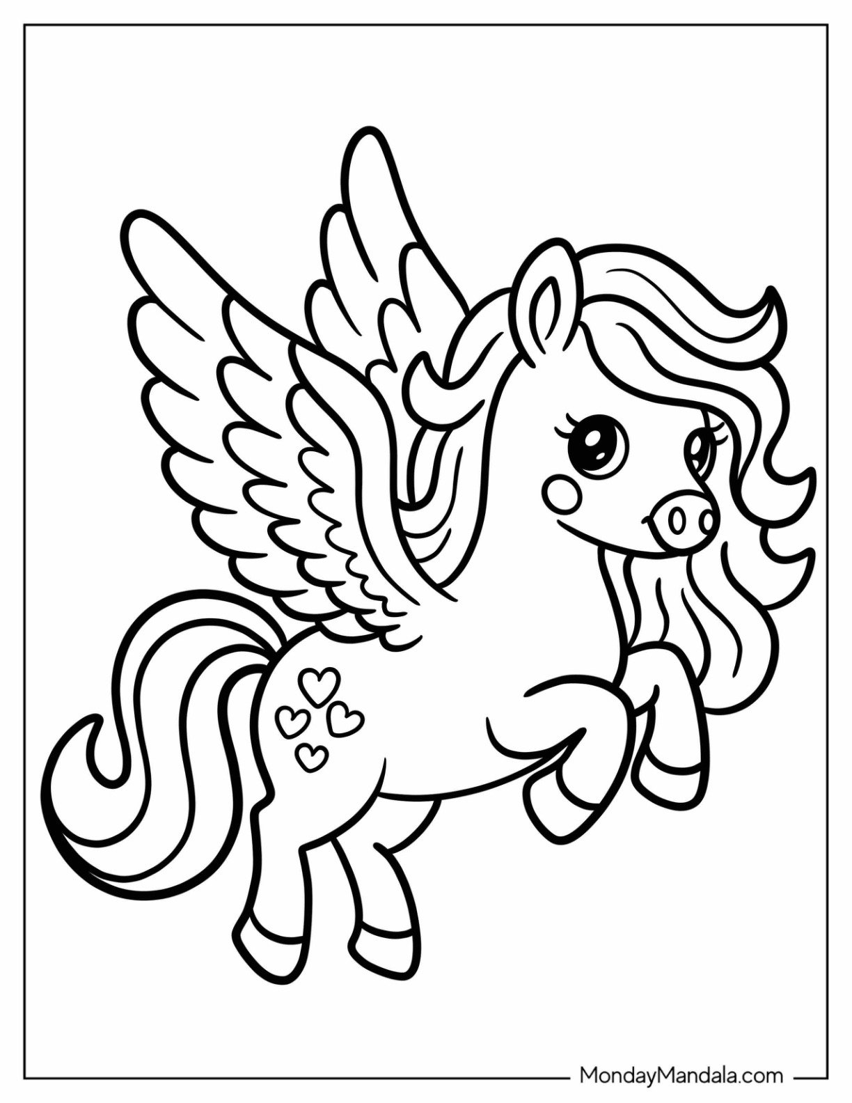 Flying Baby Pegasus Coloring Page with Curly Mane For Preschoolers