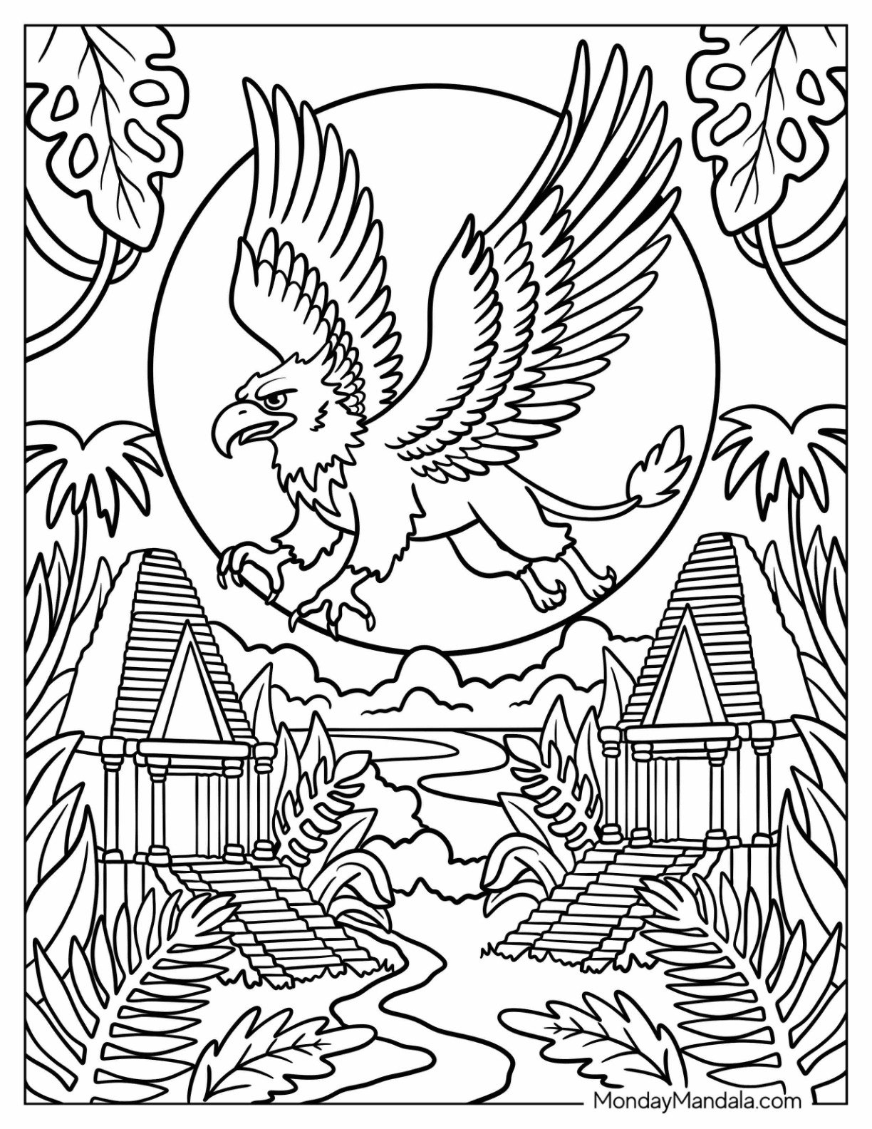 Flying Griffin Coloring Page Above Ancient Temples with Jungle Plants