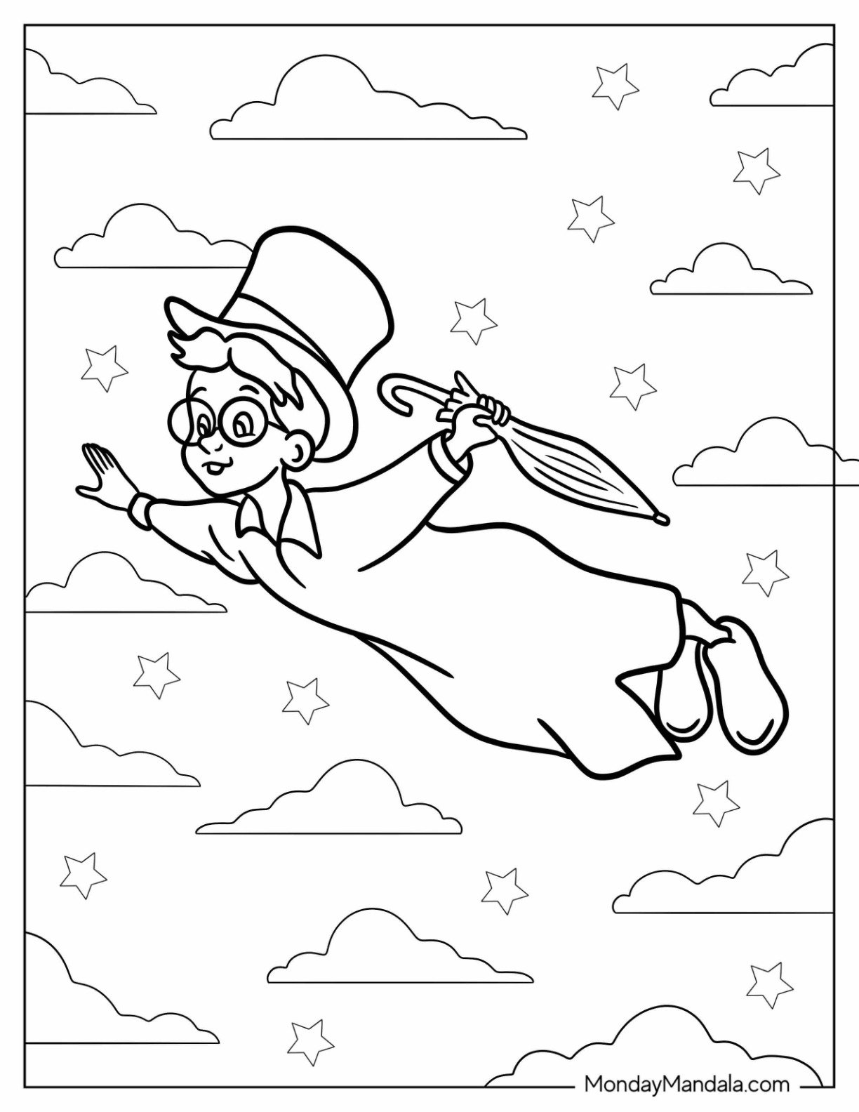 Flying John Darling with Top Hat and Umbrella from Peter Pan Coloring Page for Preschoolers