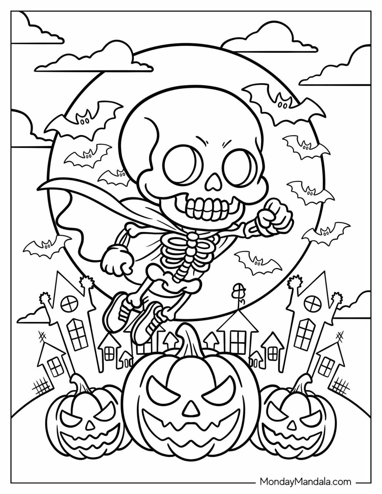 Flying Skeleton Coloring Page Hero with Pumpkins and Bats for Preschoolers