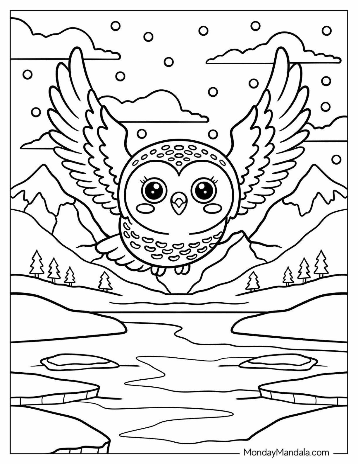 Arctic Animals Coloring Page of Flying Snowy Owl Over Frozen Lake