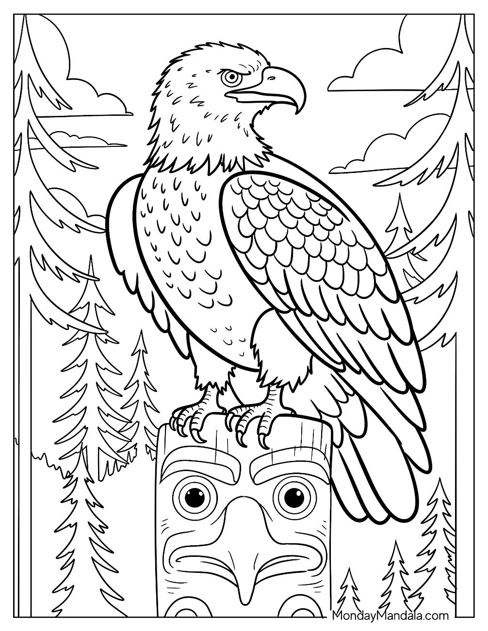Focused Bald Eagle Coloring Page Perched on a Tiki Totem