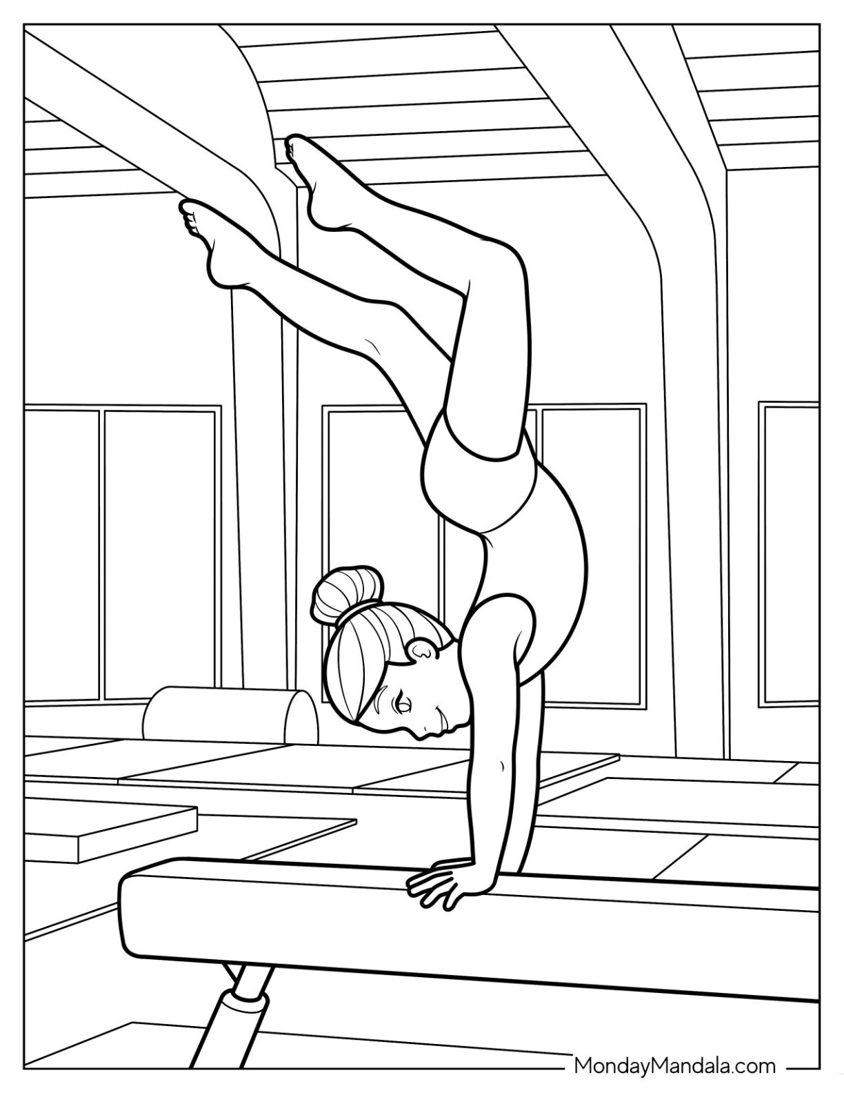 Gymnastics Coloring Page of Focused Gymnast in Handstand Pose on Balance Beam Inside Training Gym