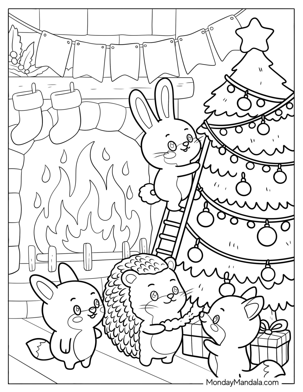 Forest Animals Decorating a Christmas Tree Coloring Page by the Fireplace