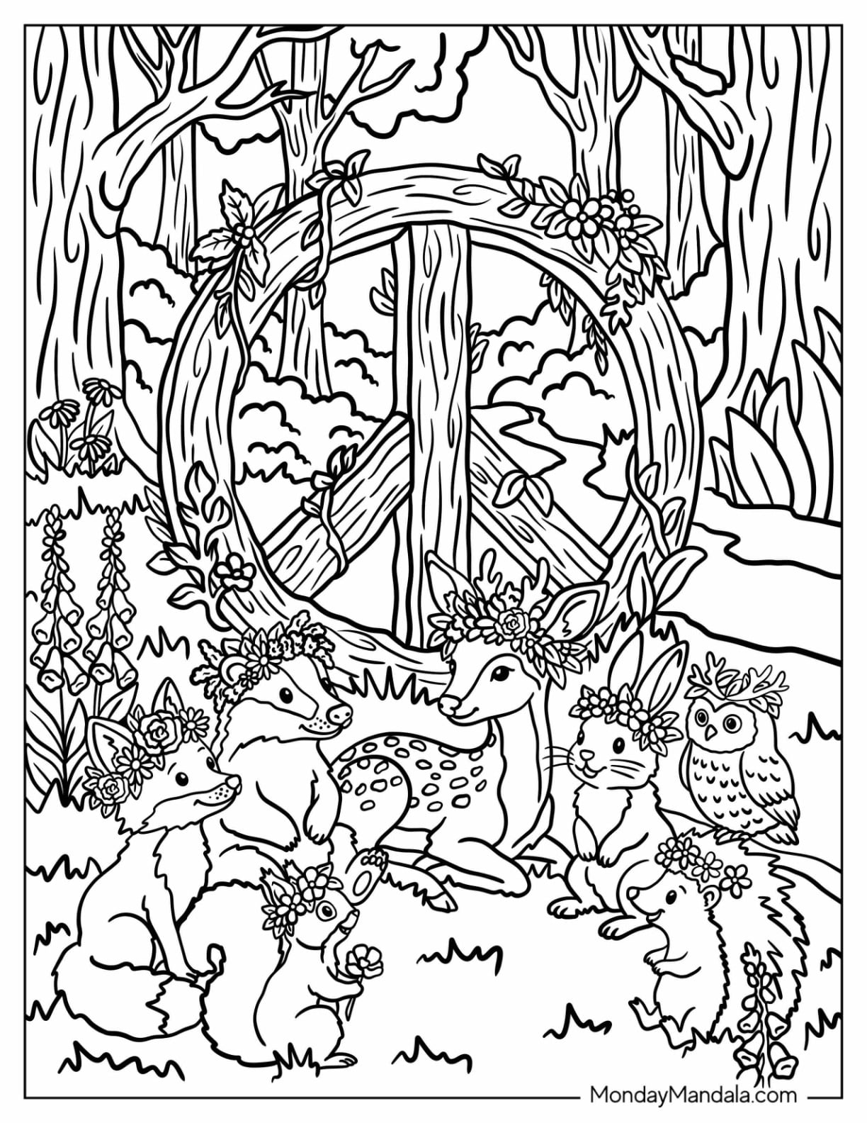 Forest Animals Gathered Beneath a Floral Peace Sign