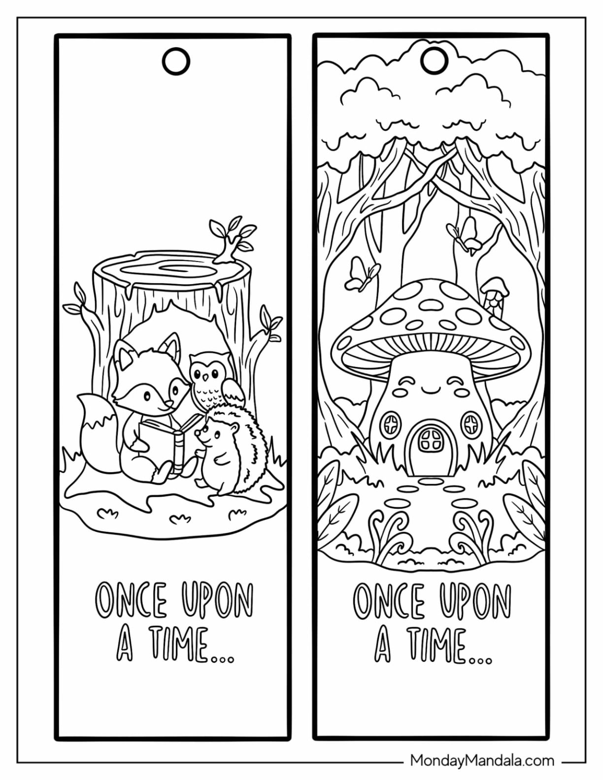 Forest Animals Reading and Fairy Tale Mushroom House Bookmark Coloring Page