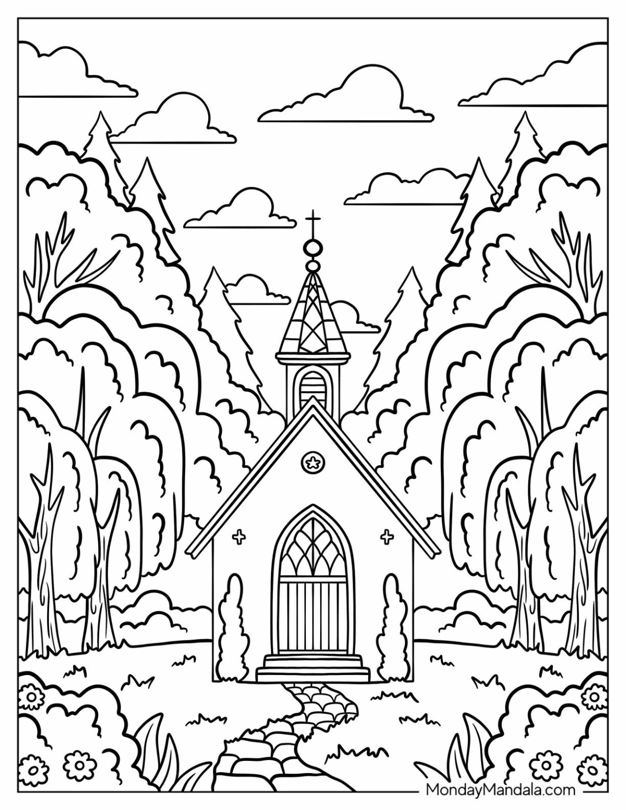 Forest Church Coloring Page Hidden Among Trees with Stone Path