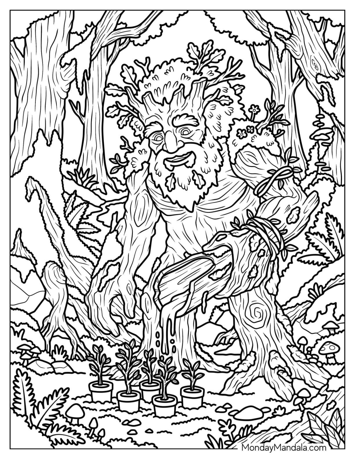 Forest Druid with Antlered Crown and Magical Staff for Fantasy Coloring Page