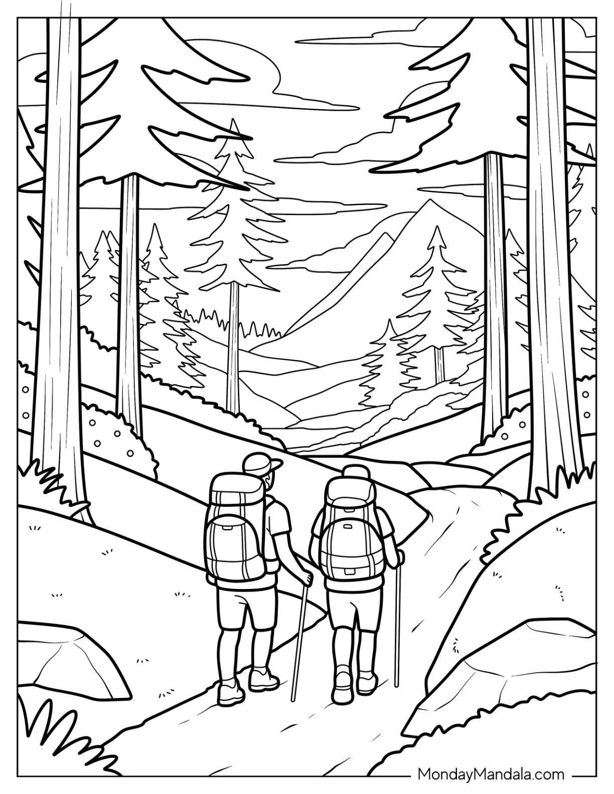 Camping & Hiking Coloring Page of Forest Hikers Trekking Toward Sunset Overlook