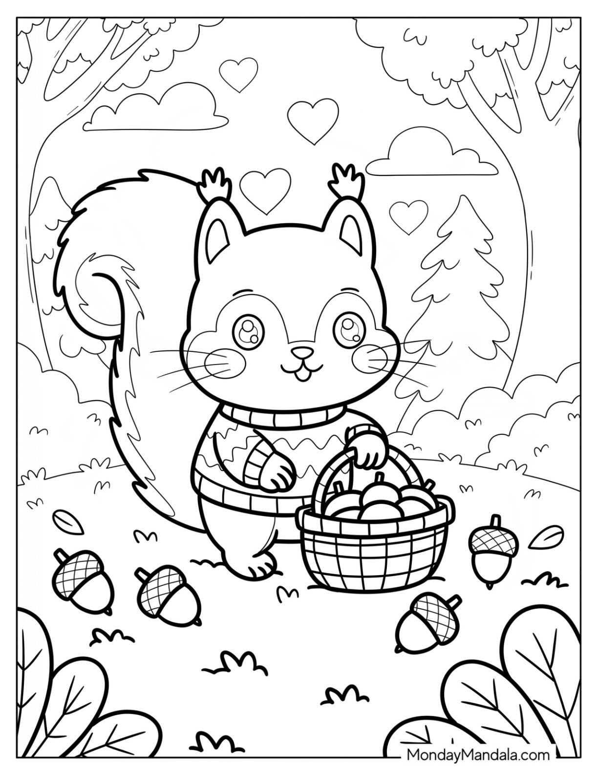 Forest Squirrel Coloring Page in Cozy Sweater Collecting Acorns for Kids