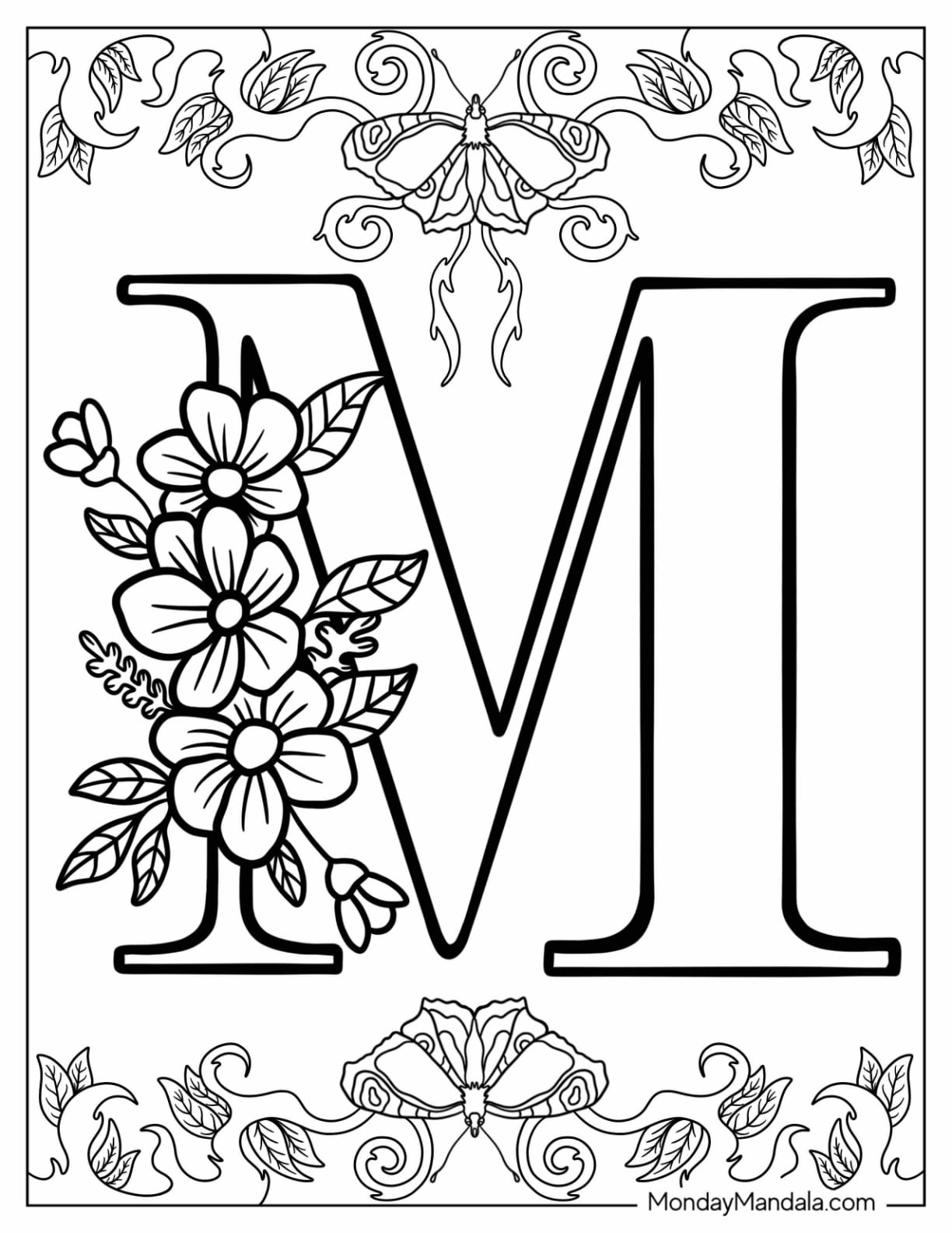 Formal Uppercase Letter M Coloring Page With Flowers