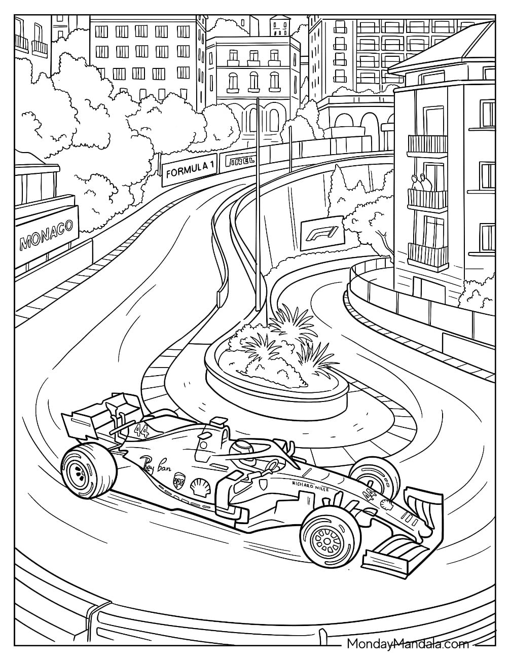 Formula 1 Car Racing Through Monaco Streets Coloring Sheet