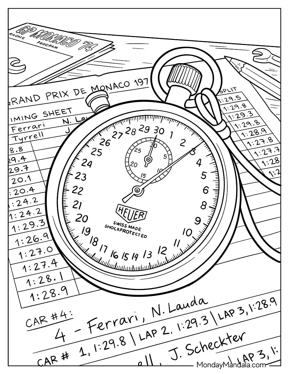 Formula 1 Stopwatch on Monaco Race Sheets Coloring Page