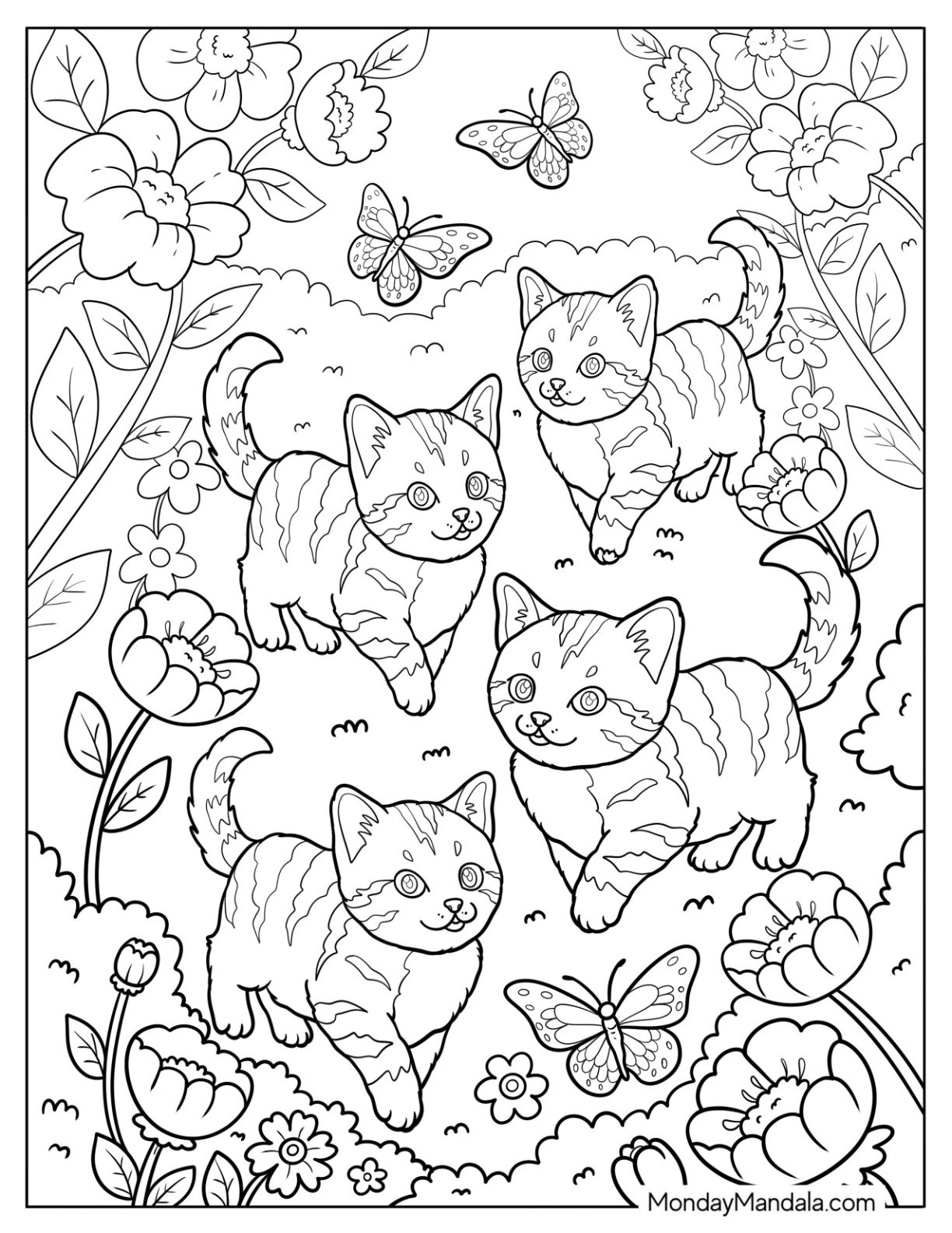 Four Baby Cat Coloring Page Playing in a Flower Garden