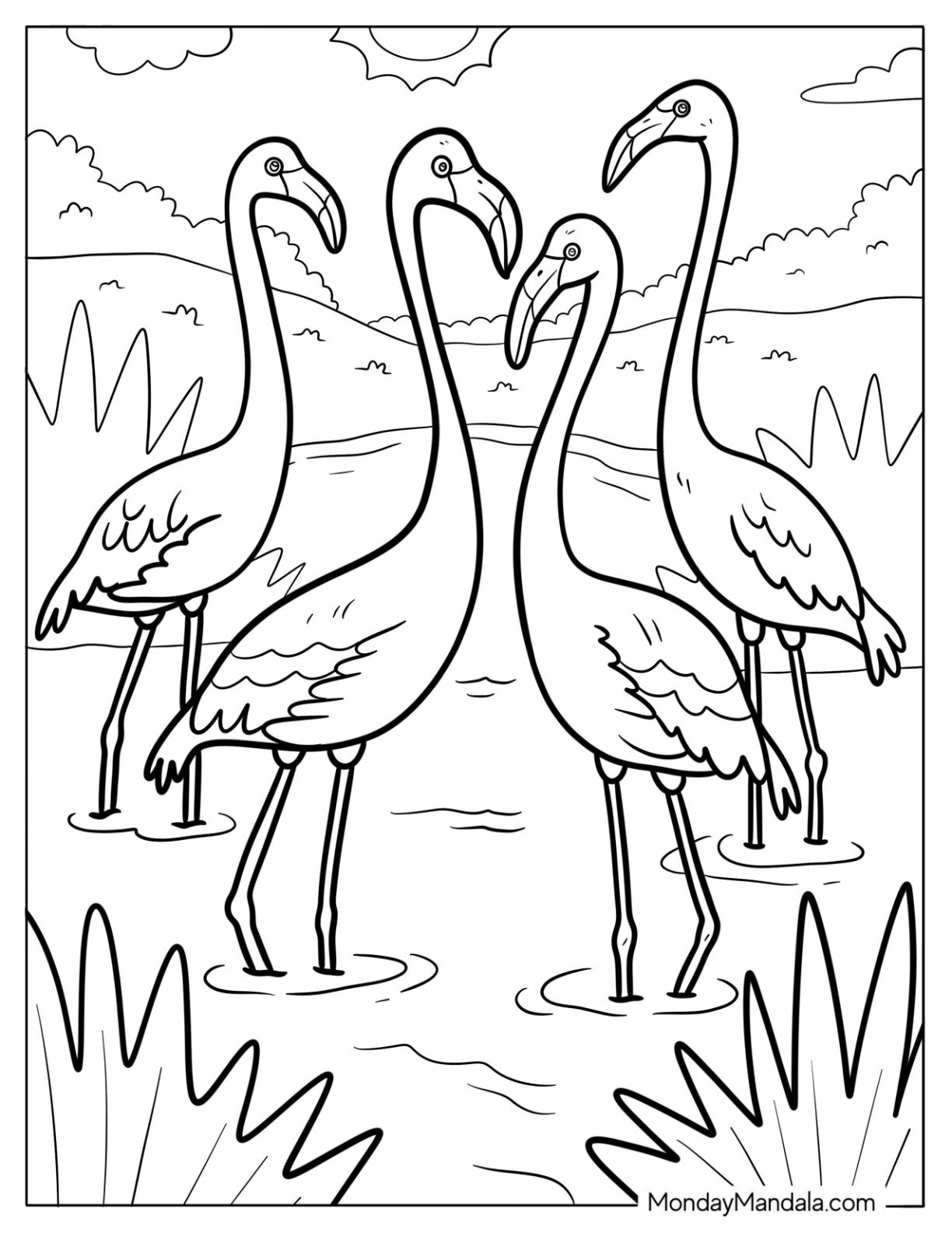 Four Flamingos Wading in the Water Coloring Sheet